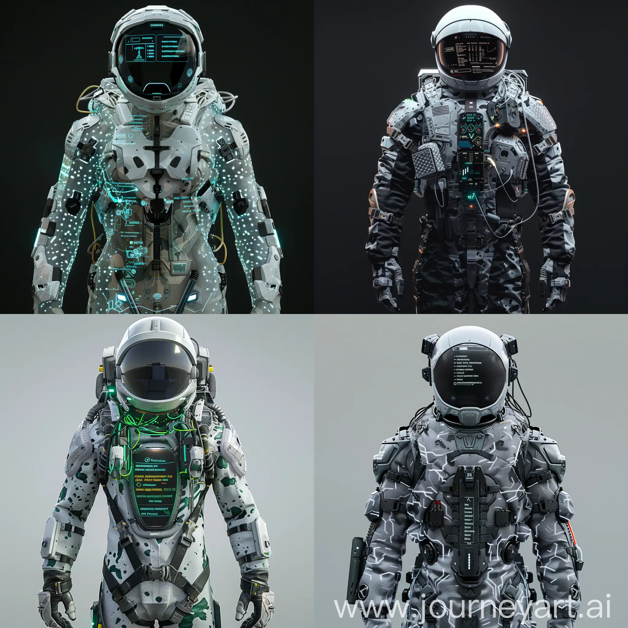 Imaginative futuristic space suit, Integrated Heads-Up Display (HUD), Nanomaterial Fabric, Thermal Regulation System, Hydrophobic Coating, Oxygen Recycling System, AI-Assisted Navigation, Biometric Monitoring, Power-Assisted Mobility, Wireless Communication System, Modular Component Integration, Cloud Data Syncing, Social Media Connectivity, Information Encryption, Big Data Analytics, Machine Learning Algorithms, Haptic Feedback System, Remote Operability, Virtual Reality Training Modules, User Interface Customization, Cybersecurity Measures, Adaptive Camouflage Skin, Solar Panel Scales, Water Jet Propulsion, Multi-Tool Appendages, Sensory Enhancement Fins, Emergency Flotation Devices, LED Communication Signals, Reinforced Exoskeleton, Environmental Sampling Pods, Global Positioning Interface, Data Streaming Fins, Blockchain-Enabled Identification, IoT Connectivity, Augmented Reality Visor, Peer-to-Peer Network Nodes, Crowdsourced Navigation Maps, Wireless Charging Stations, Open-Source Hardware Interfaces, Cyber-Physical System Integration, unreal engine 5 --stylize 1000
