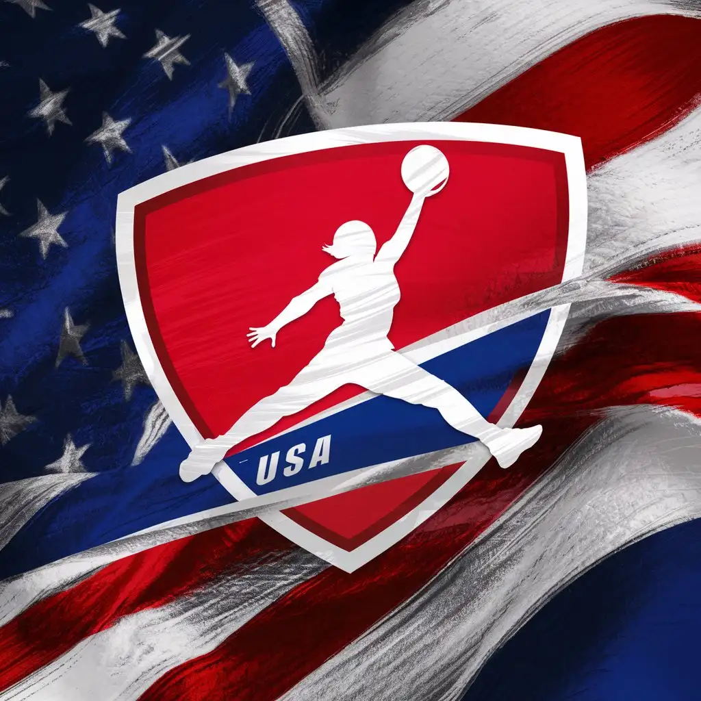  red, white and blue abstract insignia design, silhouette on female basketball player leaping in the air., text "USA" 