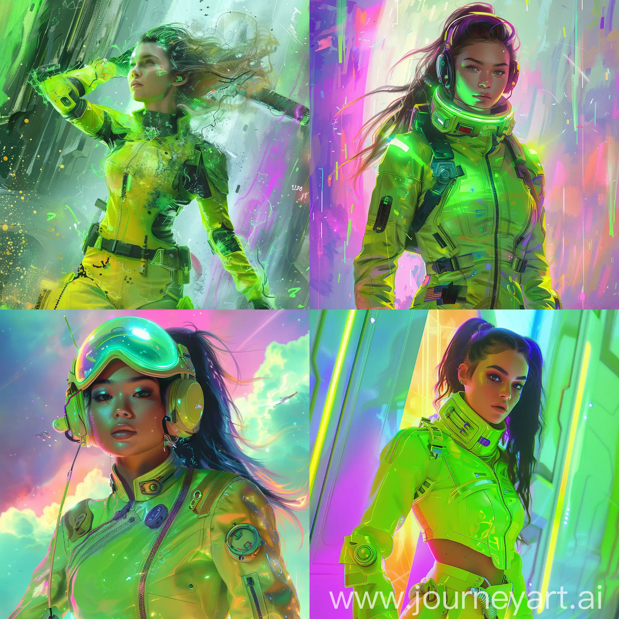 Space battle women in a neon green outfit. She's in a land of pastel colors.