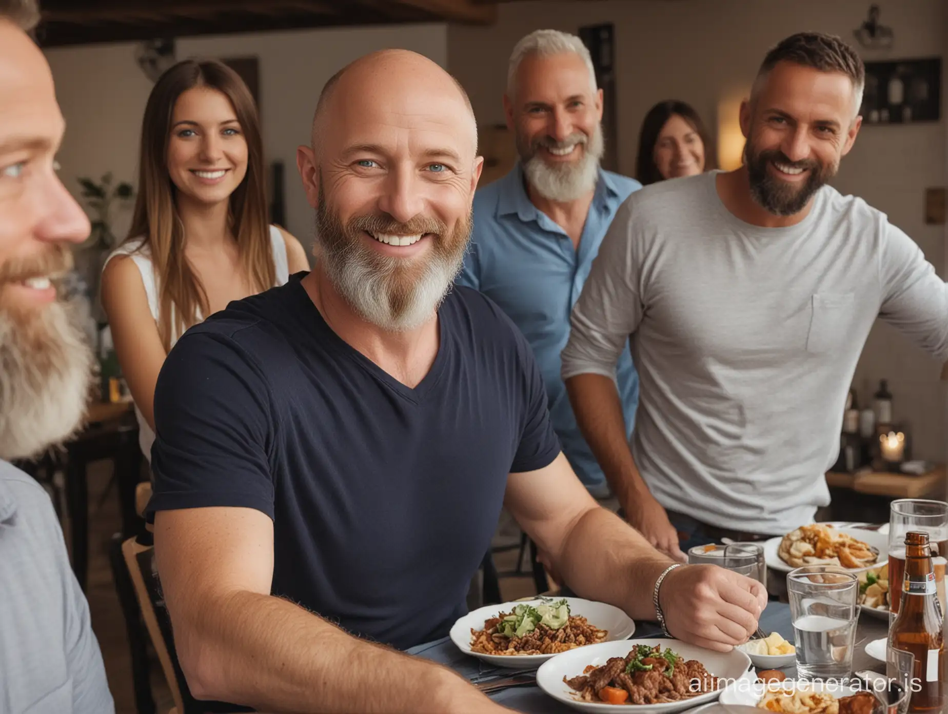 bald middle aged white man with long well kept brown beard smiling with blue eyes standing with friends having dinner