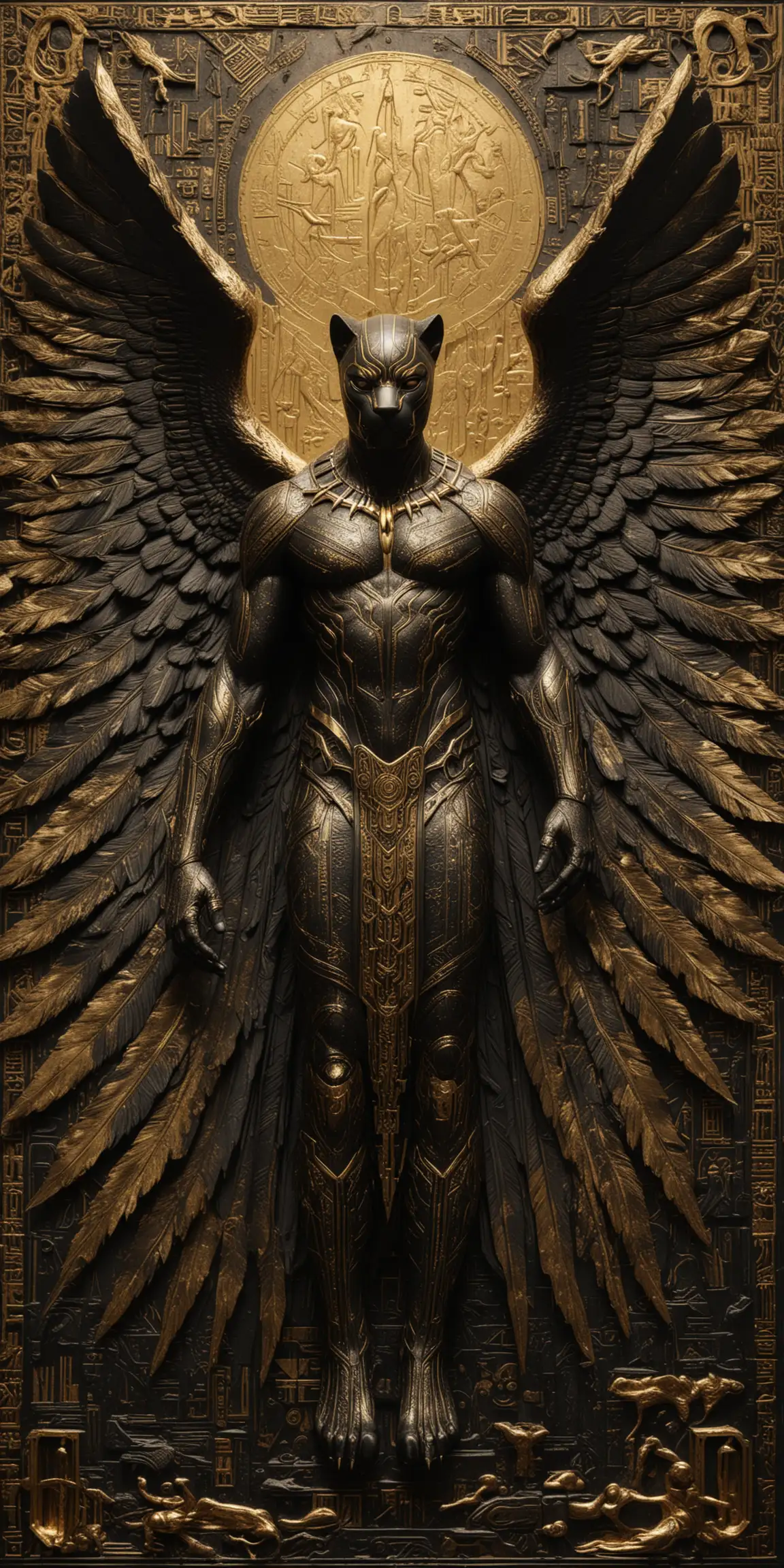 a sheet of gold metal. black wakandan etchings. black panther with large angel wings. hieroglyphics. no humans. surreal. multi-depths. very intricately and microscopically detailed.