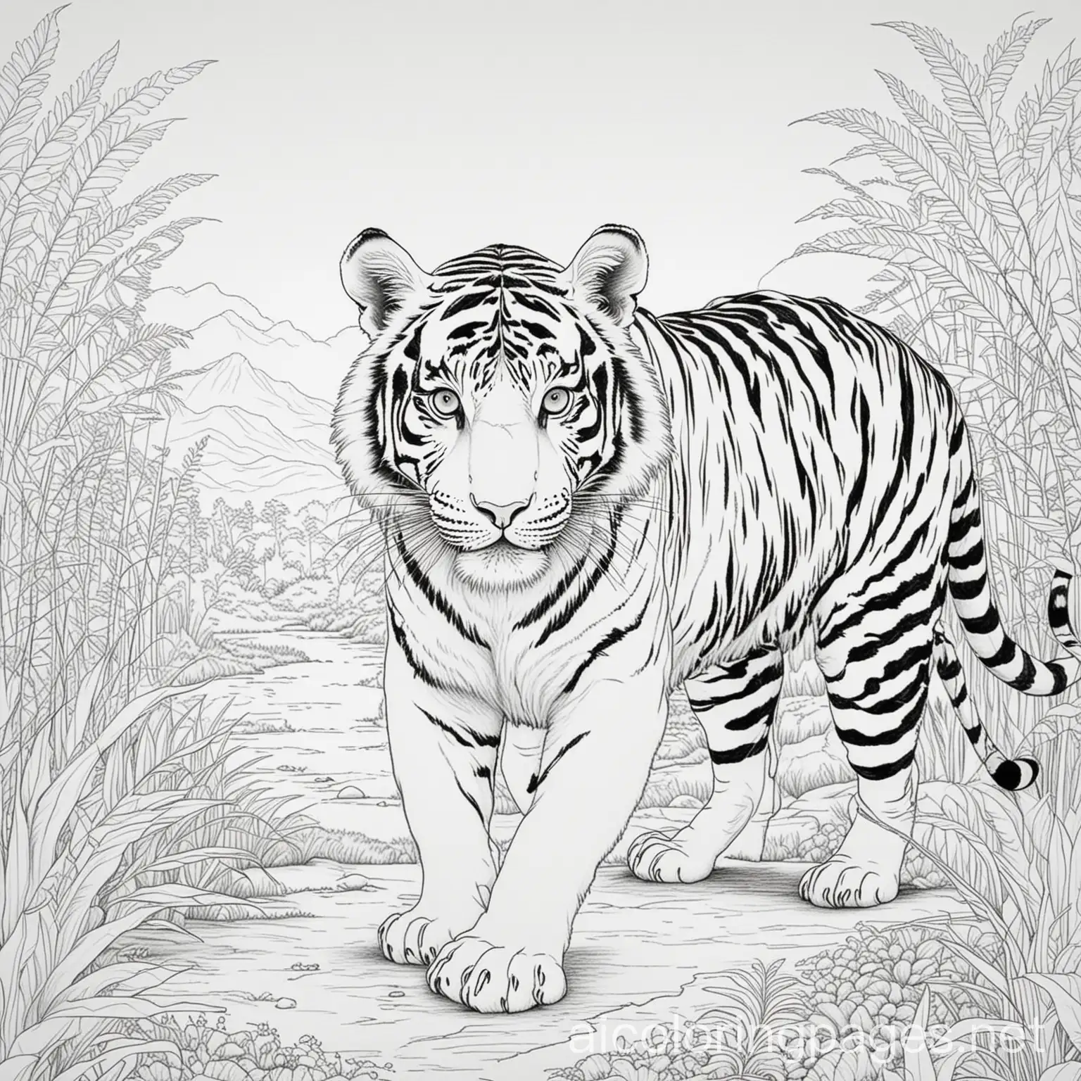 tiger in savananfor coloring page, Coloring Page, black and white, line art, white background, Simplicity, Ample White Space. The background of the coloring page is plain white to make it easy for young children to color within the lines. The outlines of all the subjects are easy to distinguish, making it simple for kids to color without too much difficulty