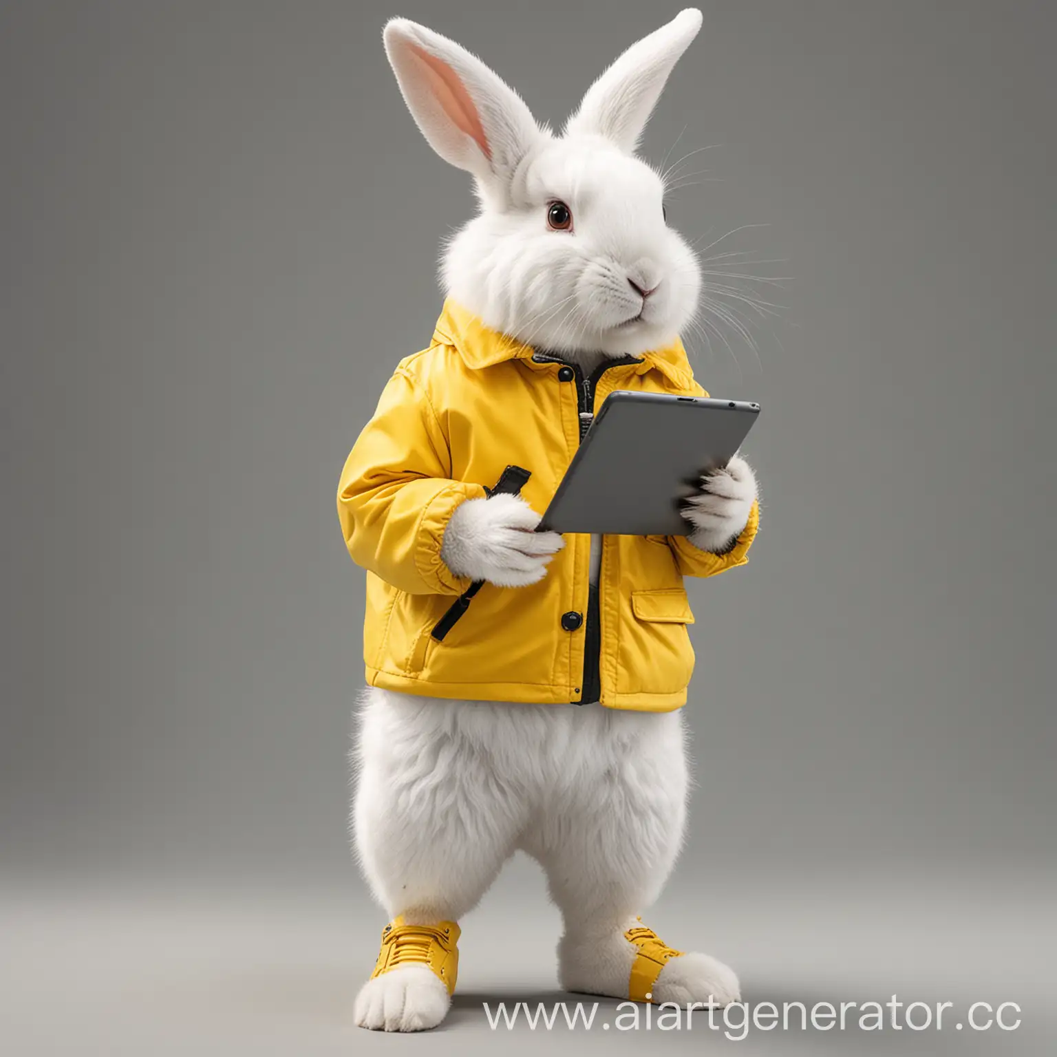 Adorable-White-Rabbit-in-Bright-Yellow-Outfit-Using-Tablet