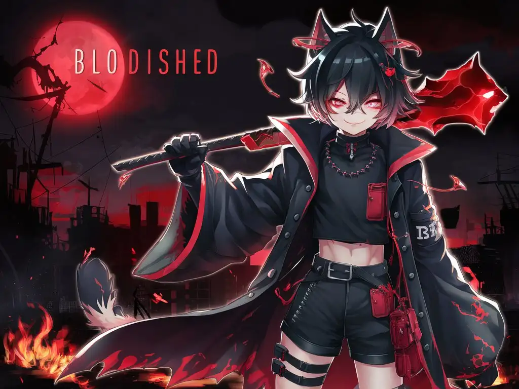 nickname is bloodished. the colors are black and blood red. anime. nickname is bloodished.
