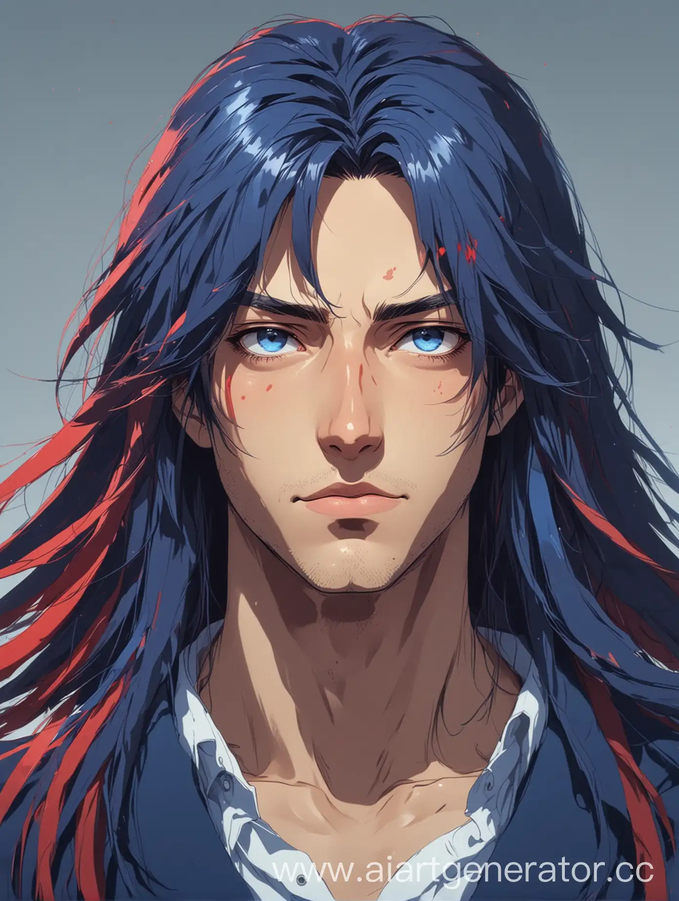 Anime-Character-with-Striking-Blue-and-Red-Palette-and-Long-Hair