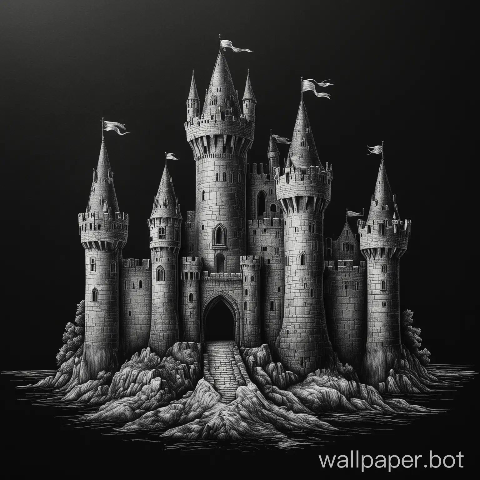 draw a medieval castle on a black background