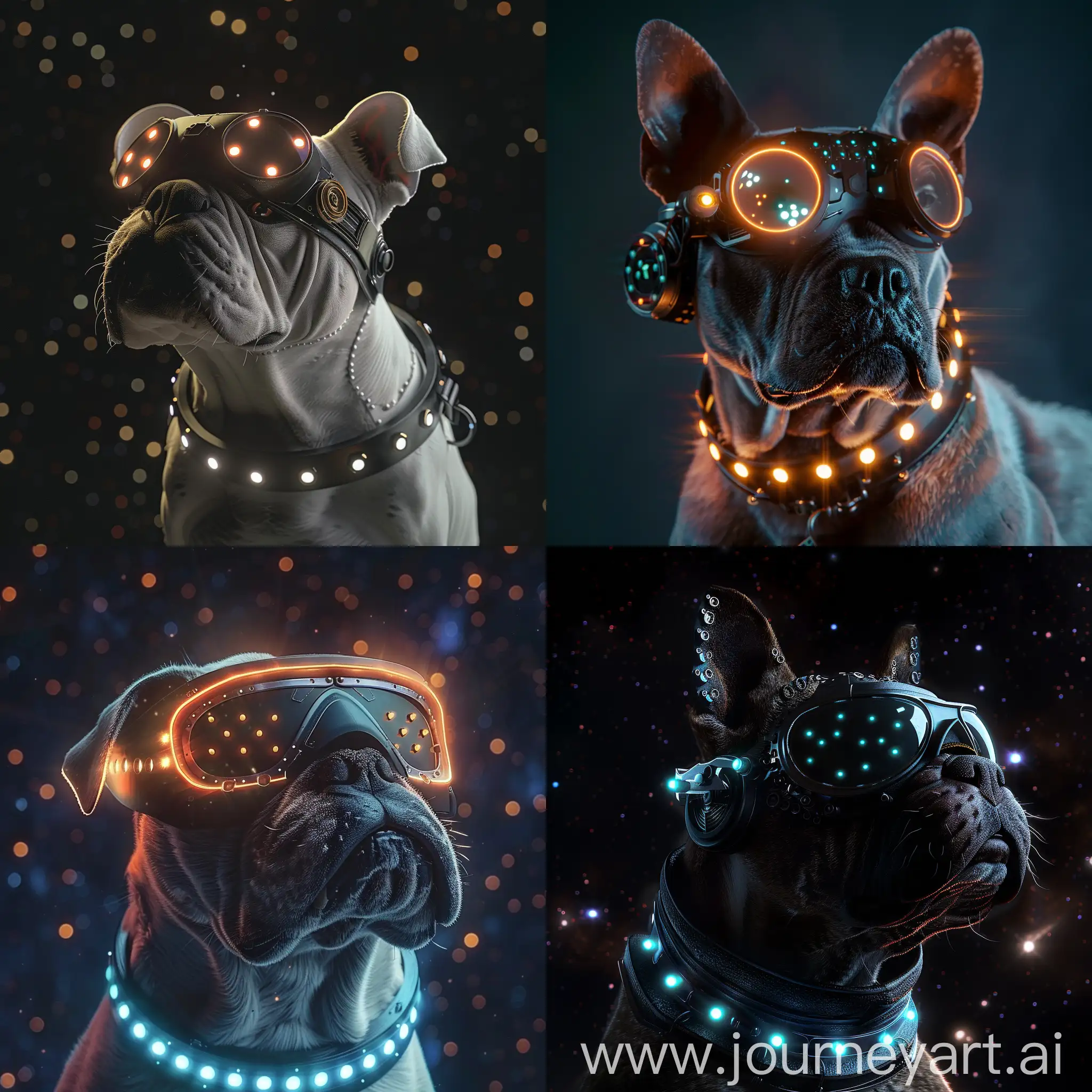 Dog Bulldog in space has fusion goggles, a rim around the eye with an indicator of jackals in the form of glowing dots, and a collar 