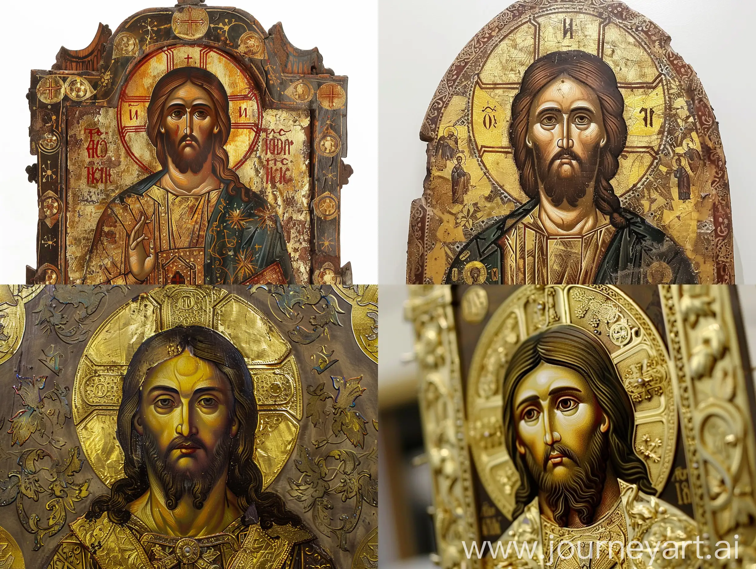 Russian Orthodox Icon of Christ: "A meticulously crafted Orthodox icon of Christ featuring Slavic characteristics and symbols, adorned with gold leaf and intricate patterns." based in Anatoly Timofeevich Fomenko e Gleb Vladimirovich Nosovsk books