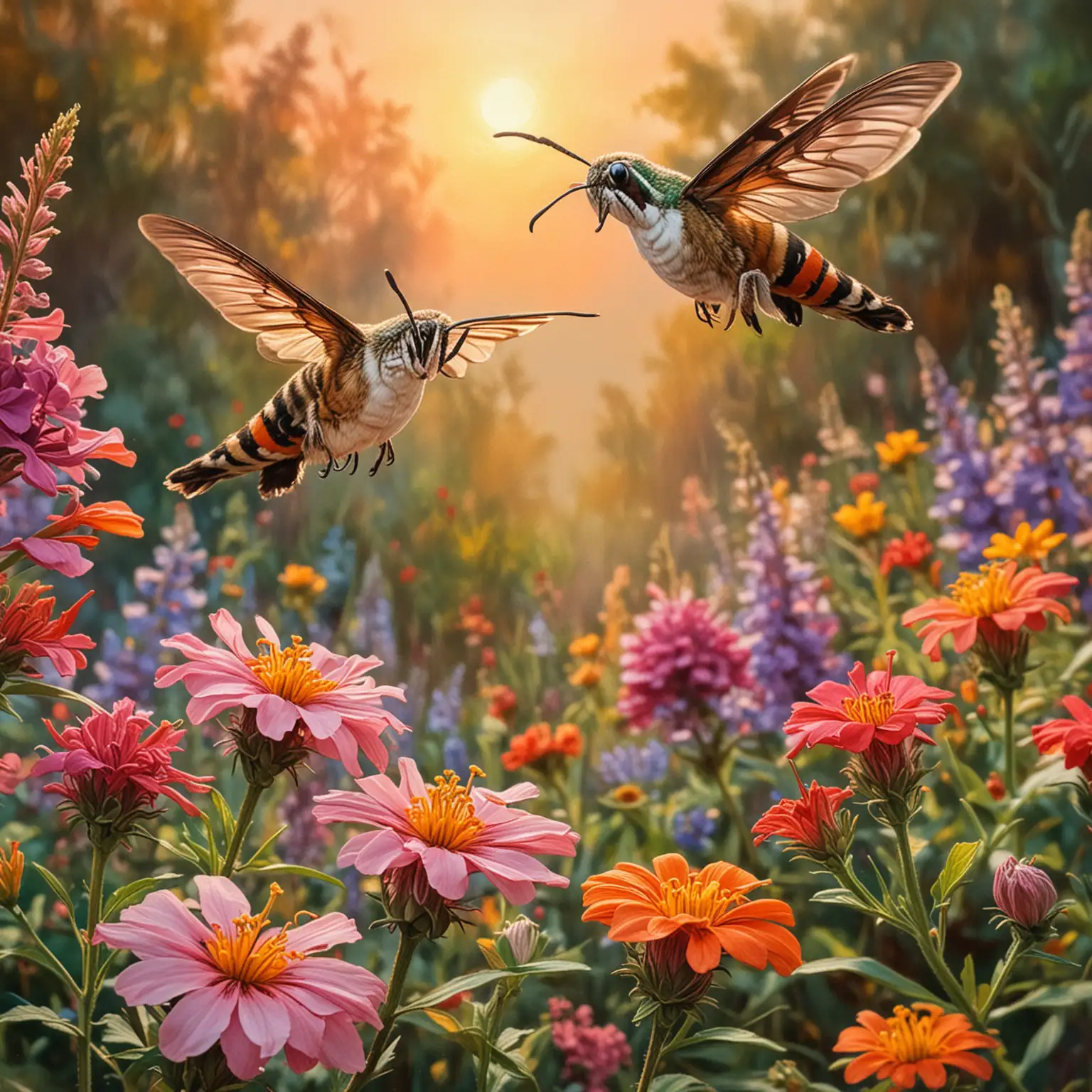 hummingbird moth flying near four o'clock flower in colorful garden at sunset. Impressionist oil painting style.