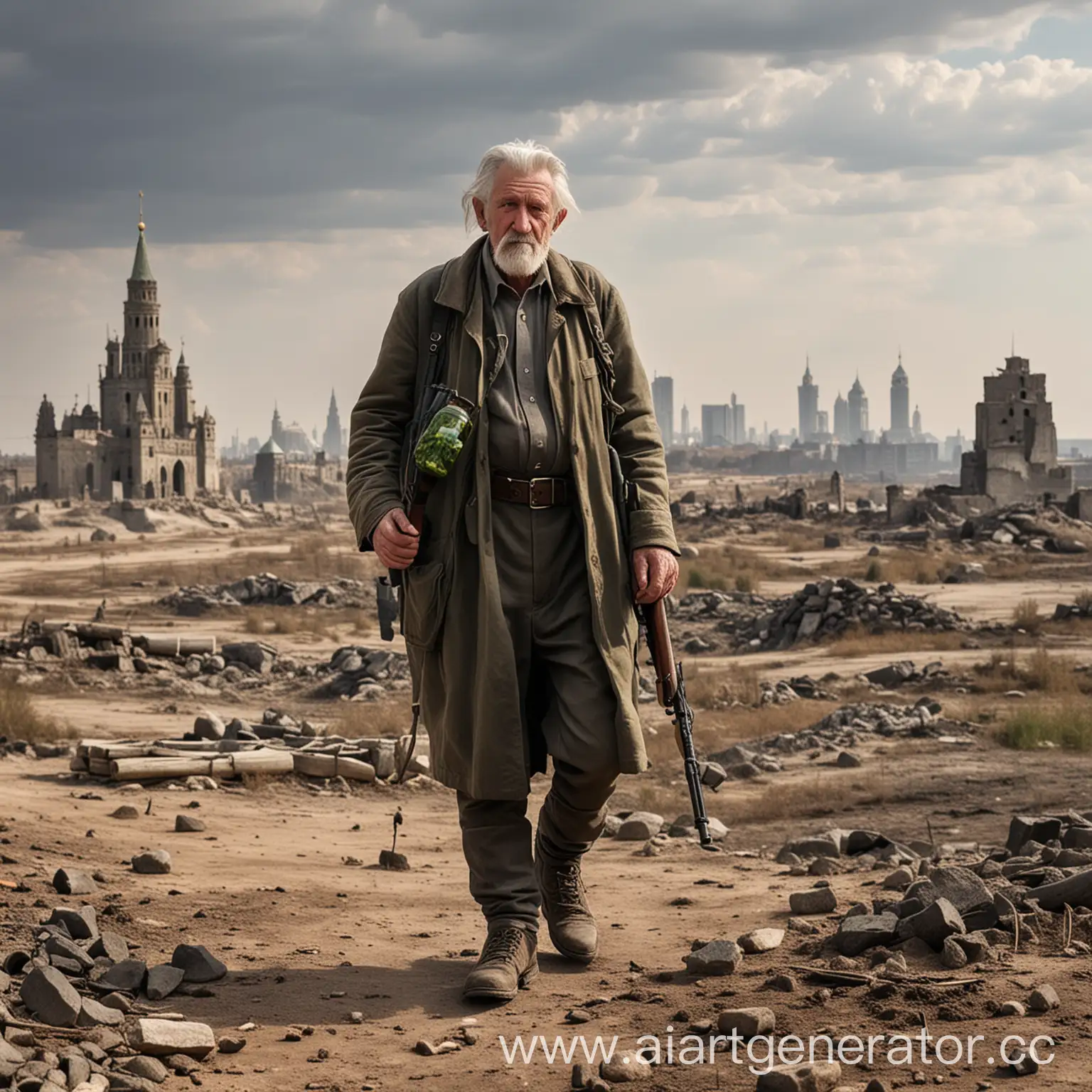 Седой старик в обносках с ружьём и банкой солёных огурцов, бредёт по пустыне, а на горизонте виднеются руины Москвы