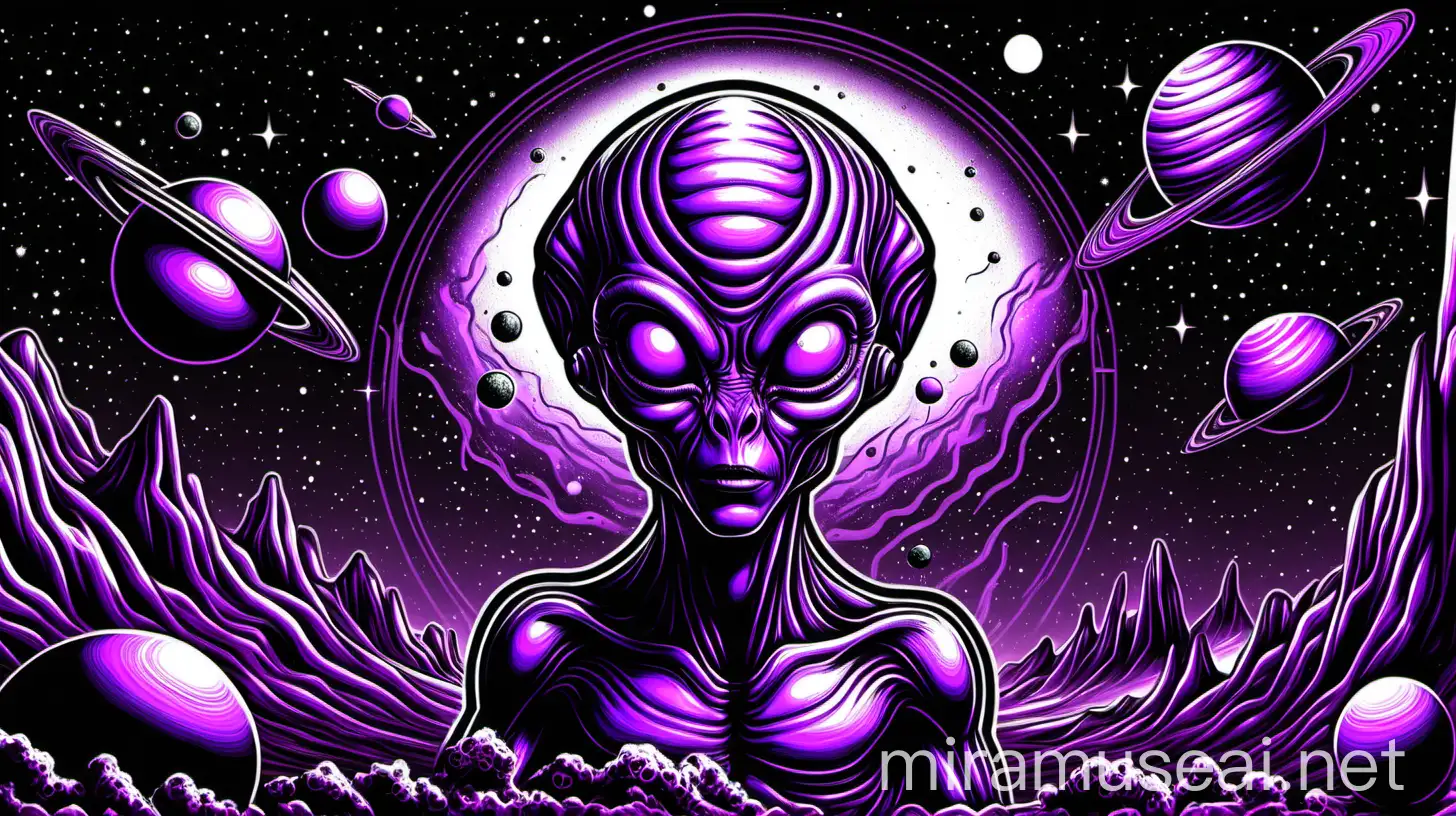 Alien Planetscape Purple and Black Line Art of Extraterrestrial Worlds