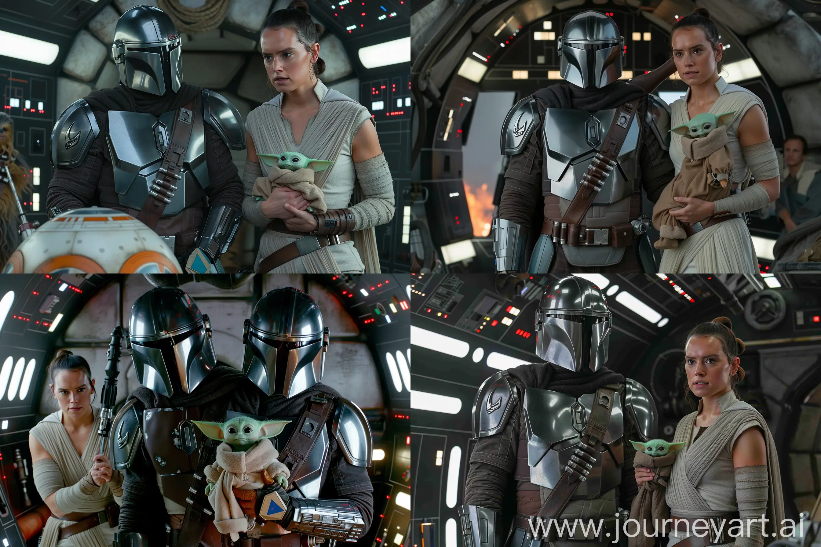 Epic-Cinematic-Still-Mandalorian-and-Rey-Skywalker-with-Baby-Yoda-in-Spaceship