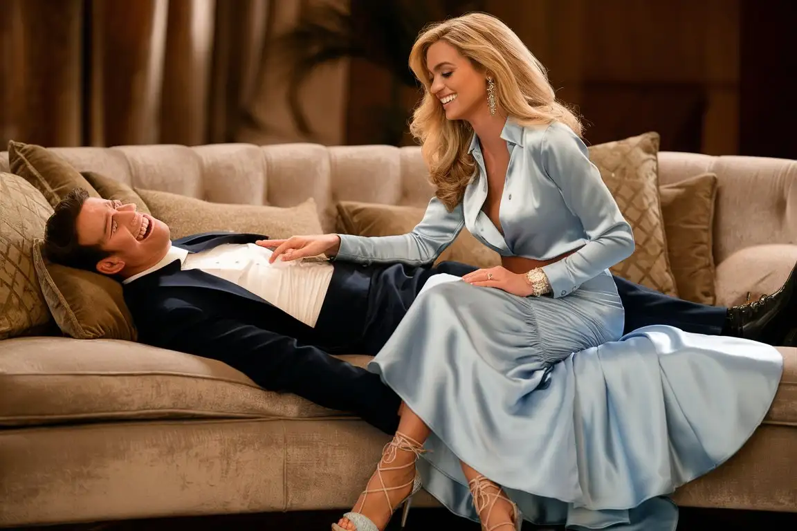 A hysterically laughing Caucasian man is lying longways on his back on a sofa . A beautiful blonde woman is sitting beside him on the sofa. she is looking down at his face and smiling. she is touching his chest with one of her fingers. she is wearing a light blue satin blouse, long  light blue satin  maxi circle skirt and  strappy heels.