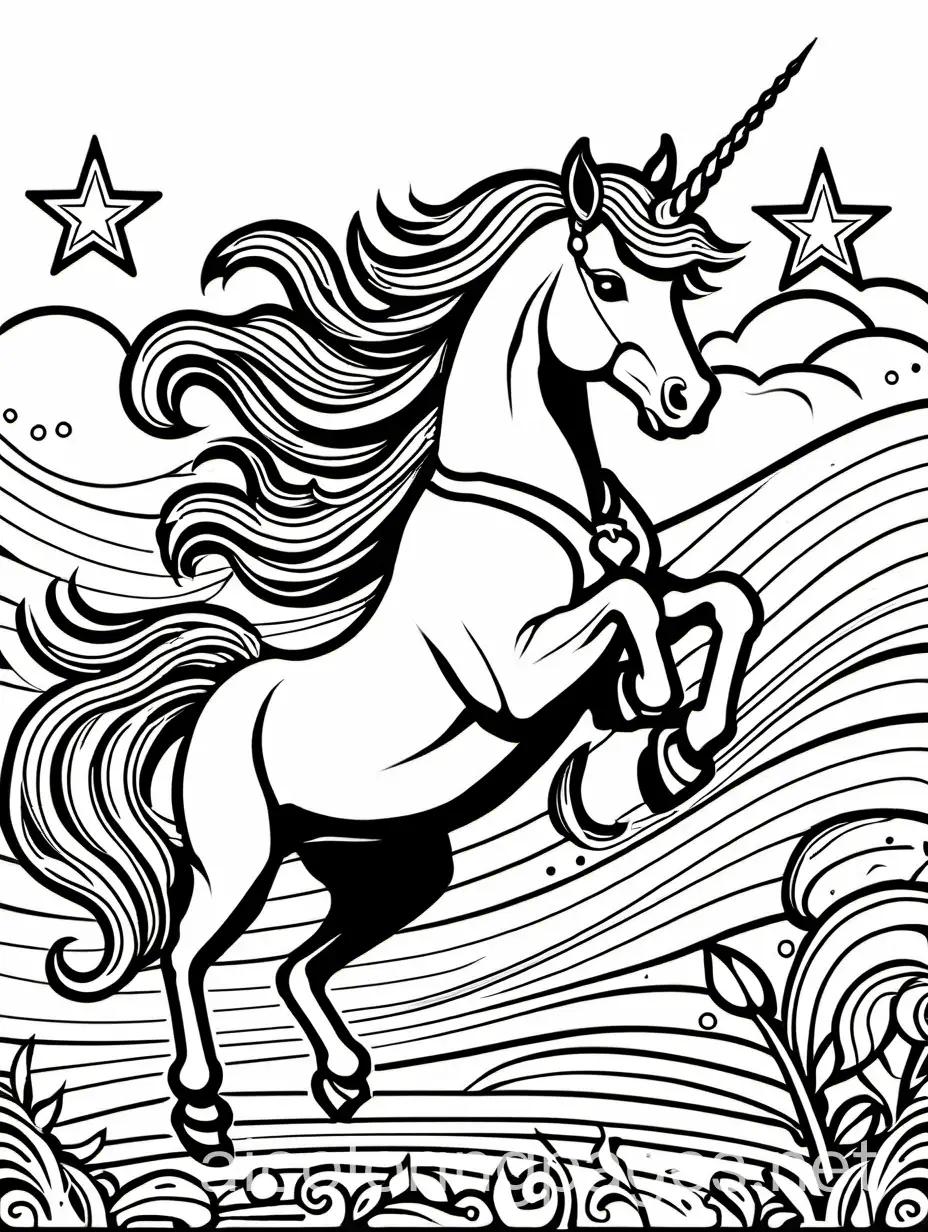coloring pages for kids, unicorn running, simple kids coloring book, less detail, in the style of Simple drawing, Rounded Lines, No Shading, Coloring Page, plain black and white, no colors, line art, white background,  The background of the coloring page is plain white., Coloring Page, black and white, line art, white background, Simplicity, Ample White Space. The background of the coloring page is plain white to make it easy for young children to color within the lines. The outlines of all the subjects are easy to distinguish, making it simple for kids to color without too much difficulty