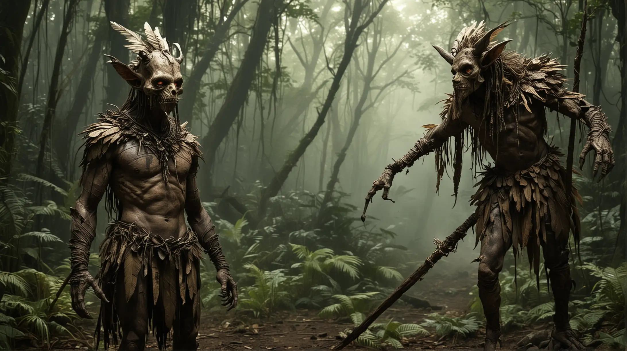 It was vaguely humanoid, standing in a jungle. He's shorter than a human with a wiry build and skin the color of sunbaked earth. Its head, however, was a grotesque mask of bone and hide, adorned with feathers and sharpened boar tusks. The creature clutched a crude spear in one hand and a heavy club in the other, its dark eyes burning with suspicion.
