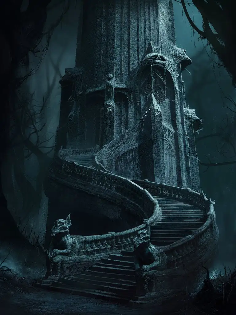 Башня,темный камень, готический, высокая,из темного камня, в густой мрачной роще, горгульи у лестницы,фэнтези,магия,высокая детализация