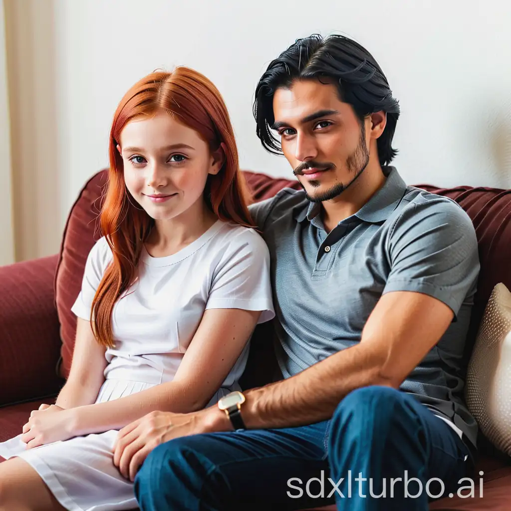 (10 year old, red haired girl), ((25 year old, black haired man)), sitting on sofa,