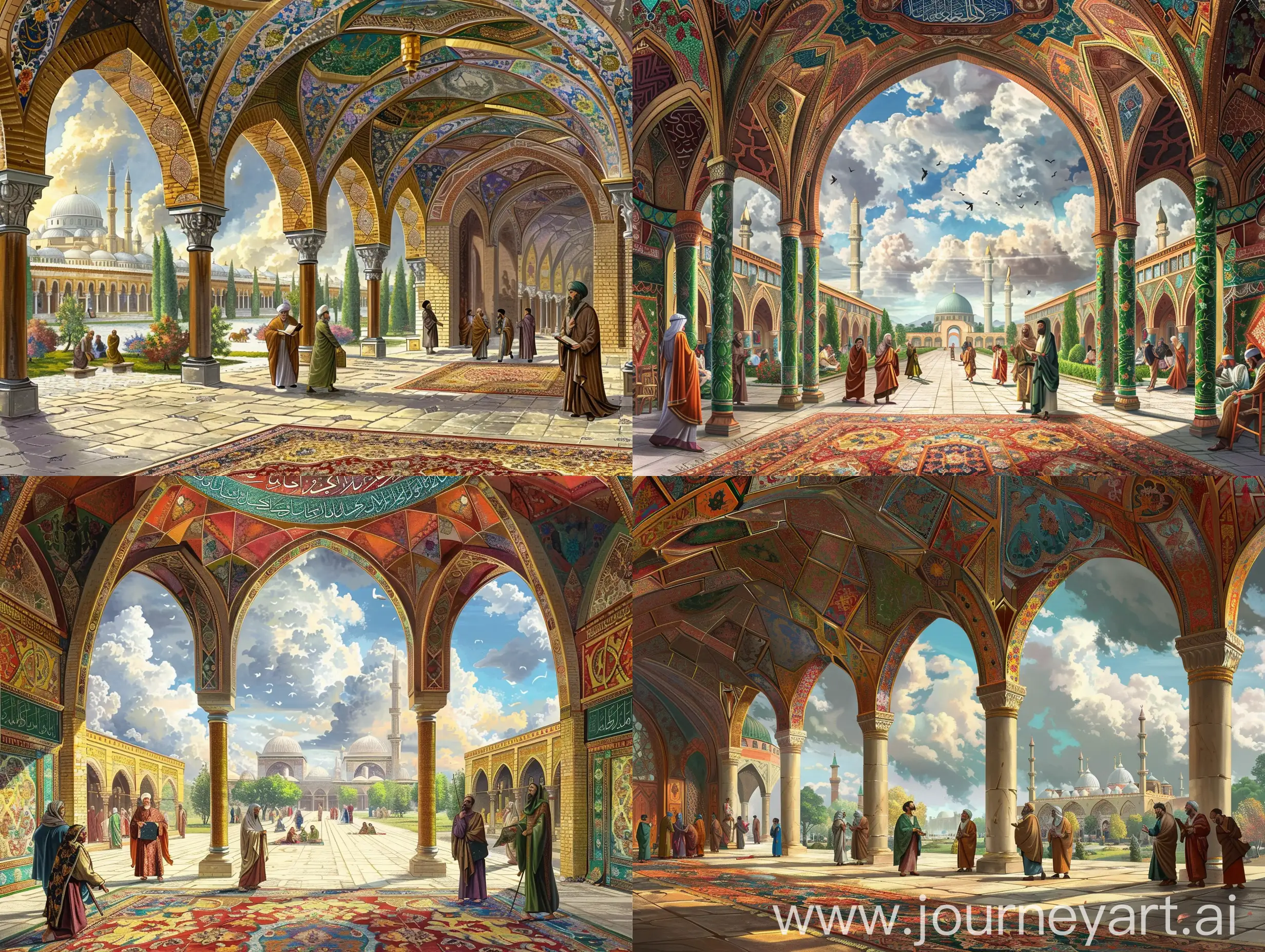 Islamic-Scholars-Debating-in-Vibrant-Medieval-Hall-with-Persian-Decor