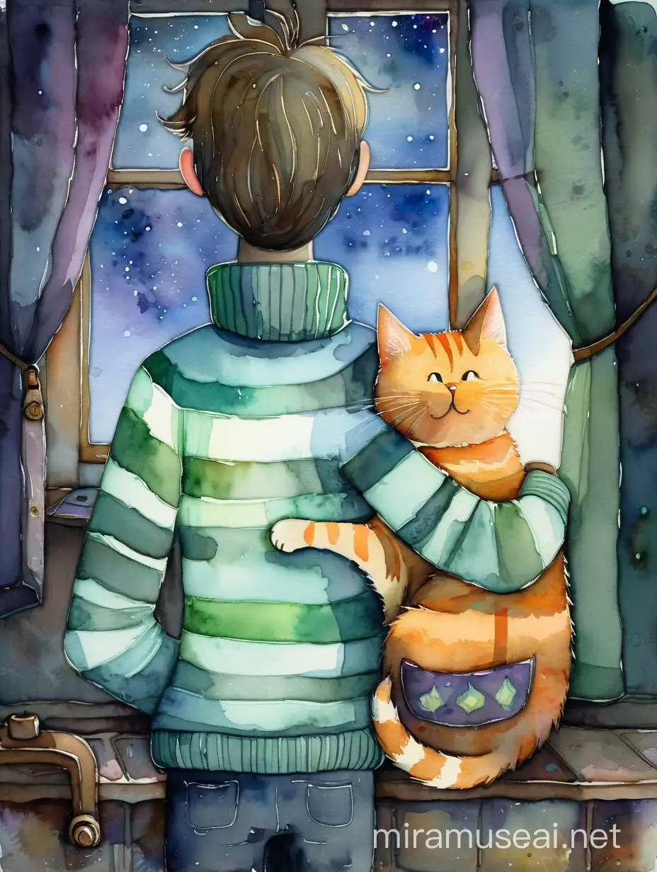 человек и кот смотрят в окно, watercolour style by Alexander Jansson