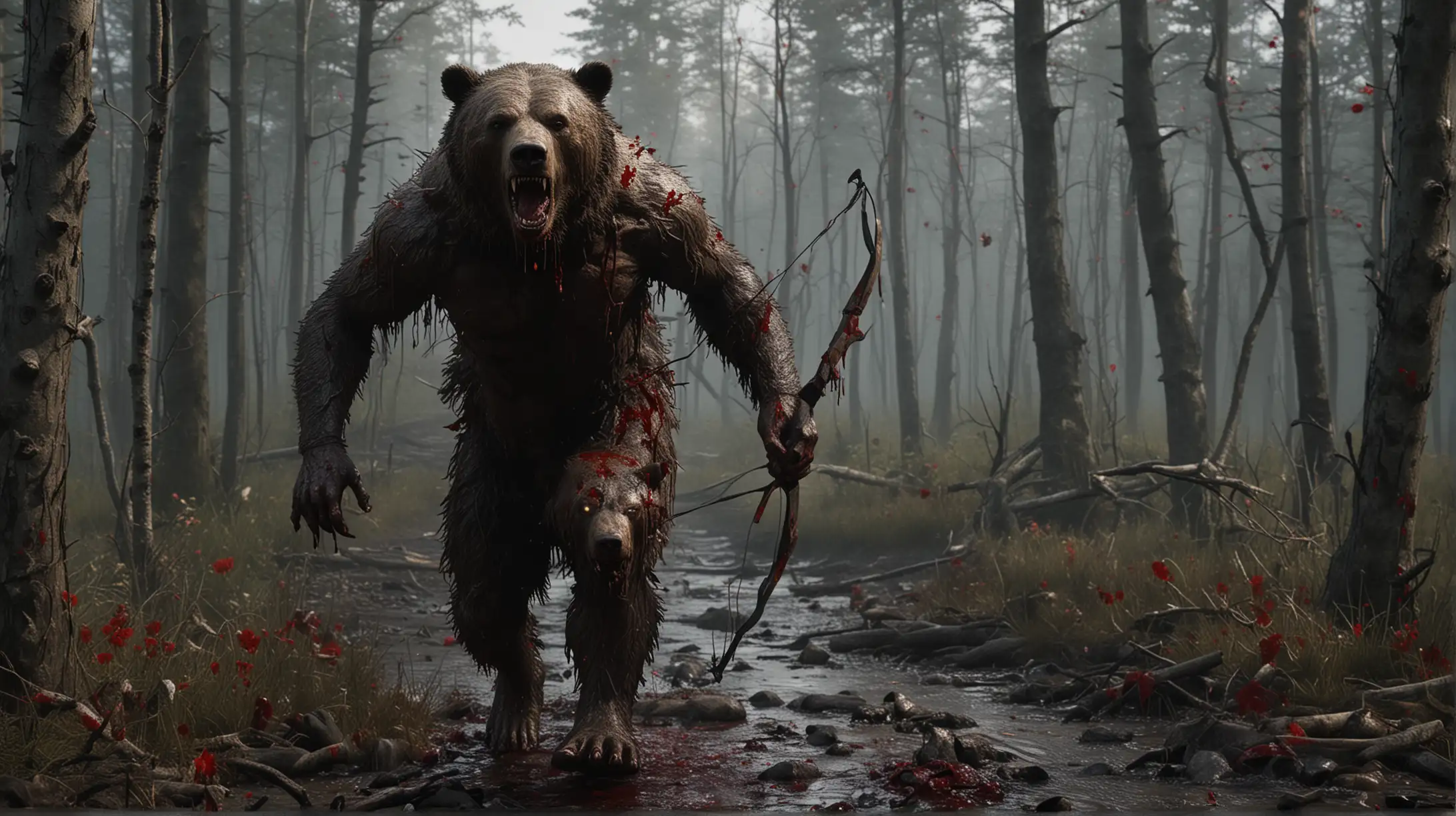 Generate A 4K Hyper realistic Image Of A Man with a bow and arrowing Running from a bear covered in blood.
The man face must be showing fear whilst being covered in blood.
The settings/ Location must be in a muddy forest area at dawn.