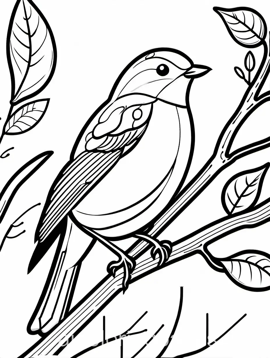 Robin: A cheerful breasted bird perched on a branch.
, Coloring Page, black and white, line art, white background, Simplicity, Ample White Space. The background of the coloring page is plain white to make it easy for young children to color within the lines. The outlines of all the subjects are easy to distinguish, making it simple for kids to color without too much difficulty