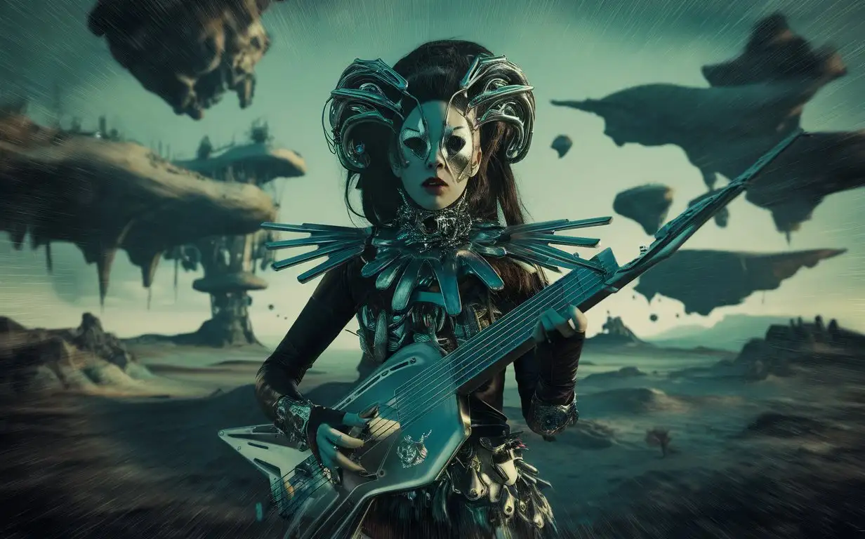 Grimes musician, filmed on grainy 70s film, directed by Peter Greenaway, elaborate costume and fantastical setting.