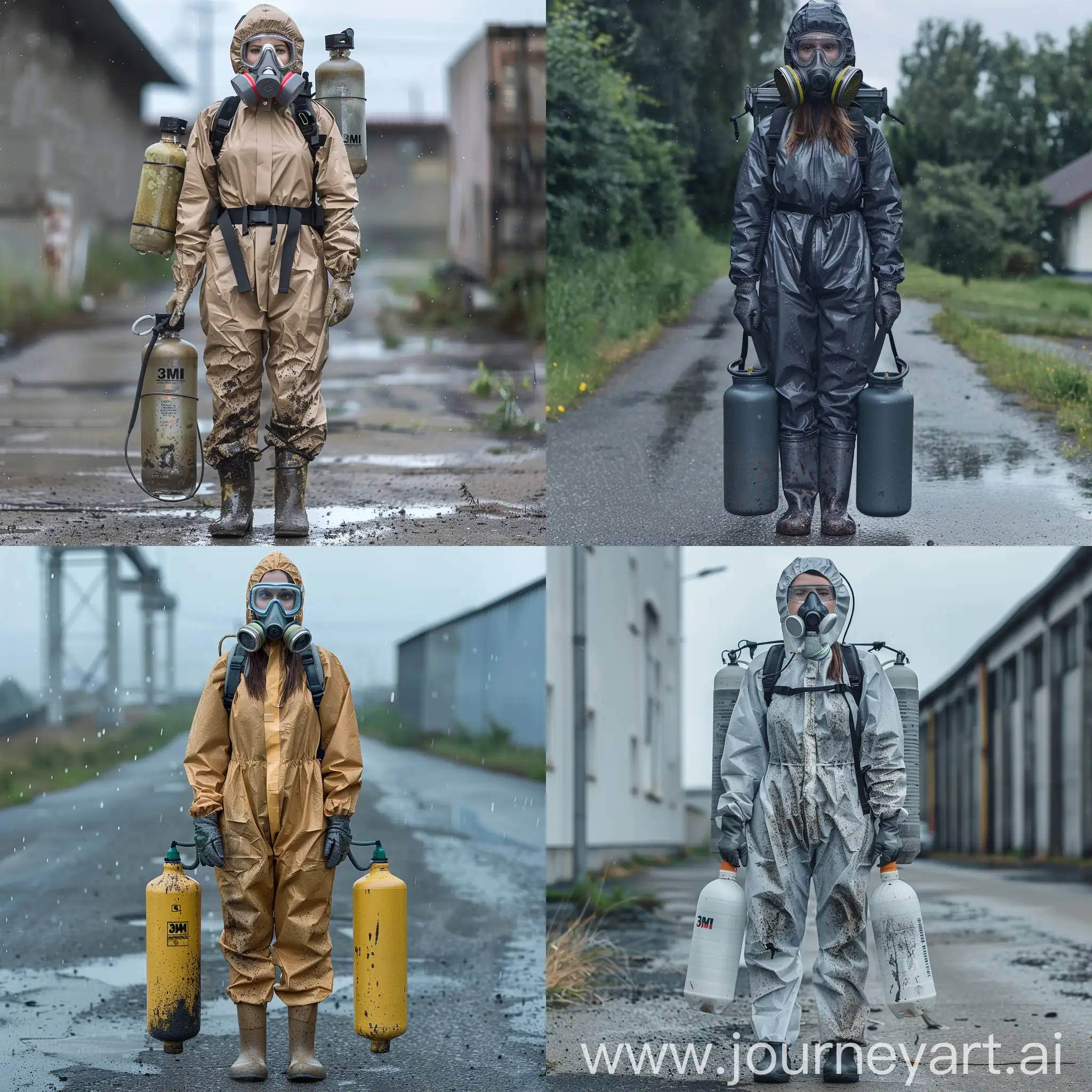 woman, protective gear, rubber, strong hazmat suit with hood, fullbody, 3M fullface mask with visor, oxygen tanks on the back, rubber gloves, rubber shoes, full-length photo, drops of mud on suit, outdoor, rainy day, pavement