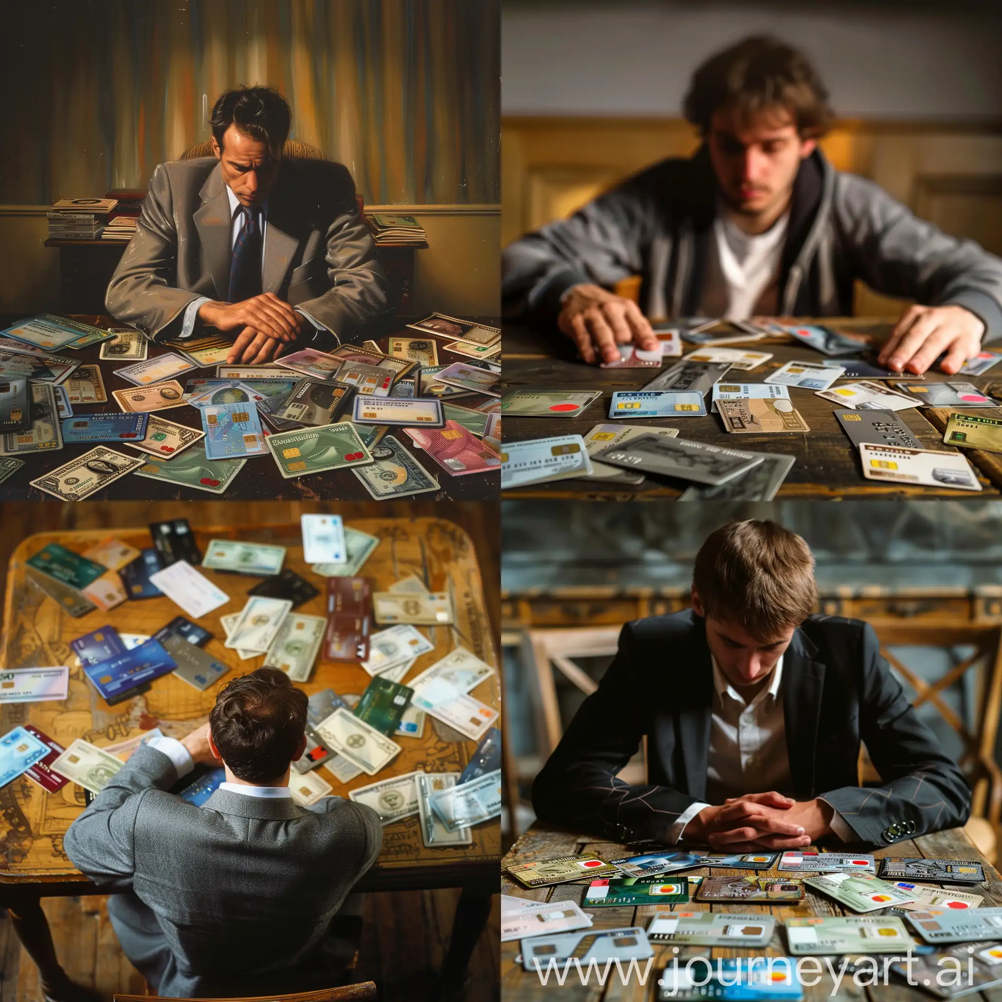 изобрази человека сидящего за столом на котором лежит много различных банковских карточек