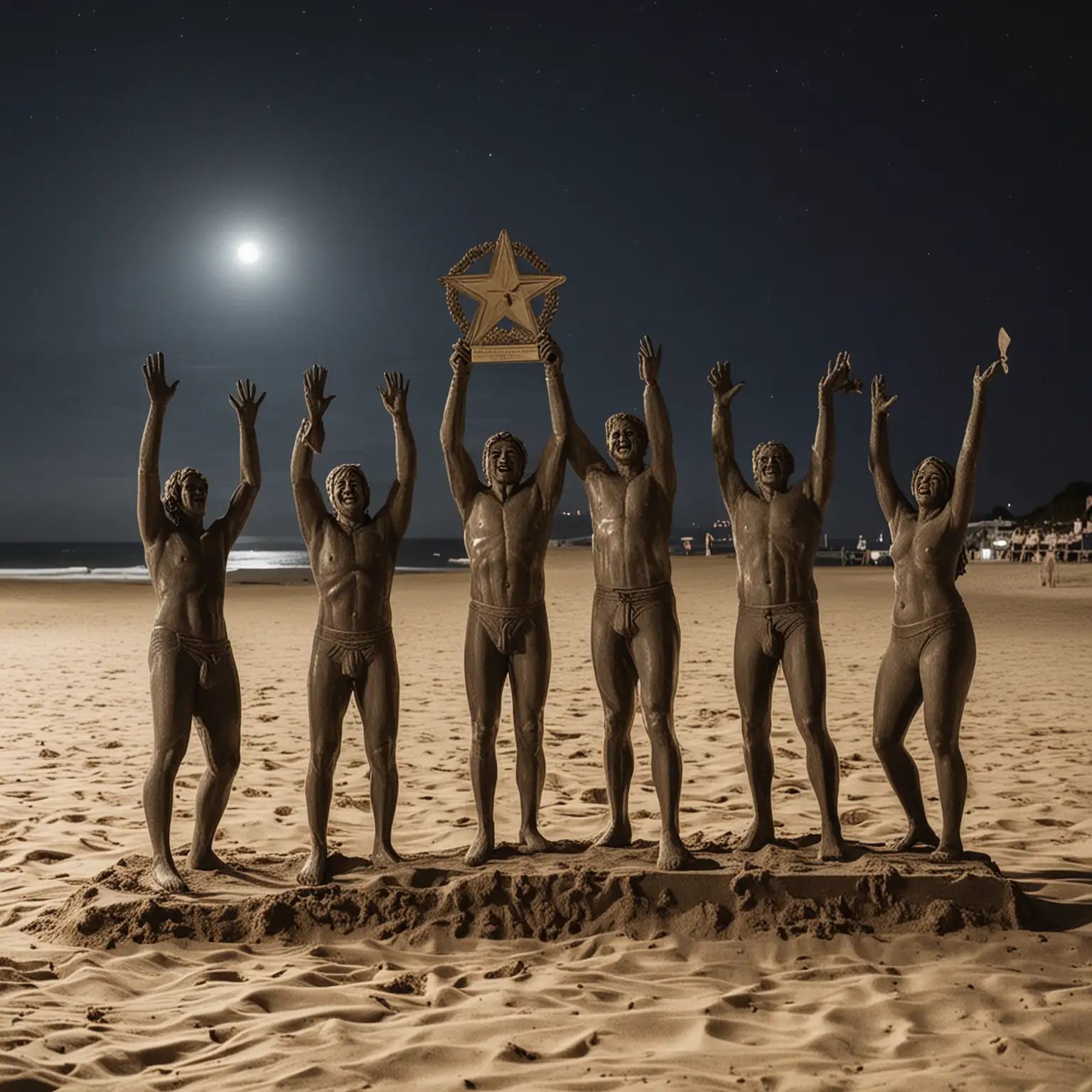 A picture of five people celebrating on the beach in the danish seaside town Tisvilde at night with an award statue standing in the sand
