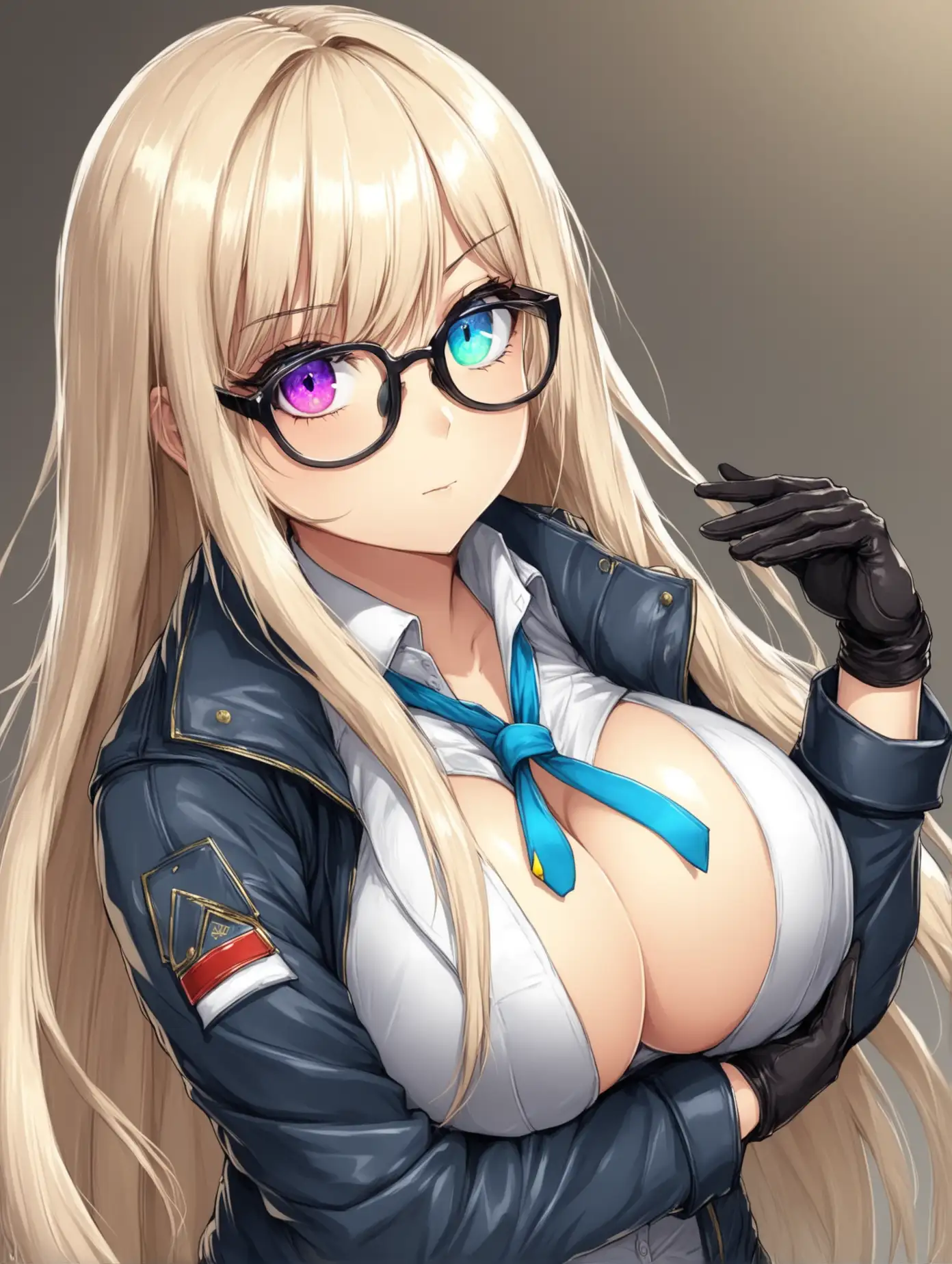 1girl, long hair, heterochromia eyes, glasses, jacket, big boobs, gloves