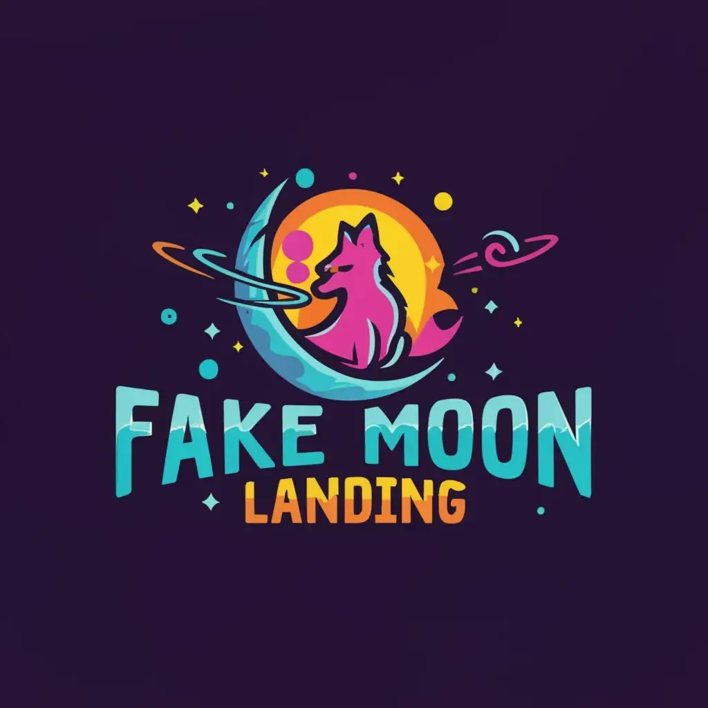 a logo design,with the text "Fake Moon Landing", main symbol:Colourful Wolf Podcast,complex,be used in Entertainment industry,clear background