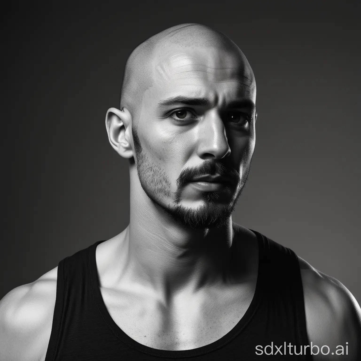 man with shaved bald head, 10-day beard, big long nose with a bump in profile, short under jaw, short chin, evil gaze, one eyebrow is higher than the other, brown eyes, fashionable sportswear, short mustache, sideways, stylish look, modern, full-body shot, shooting, studio, black and white, sw,