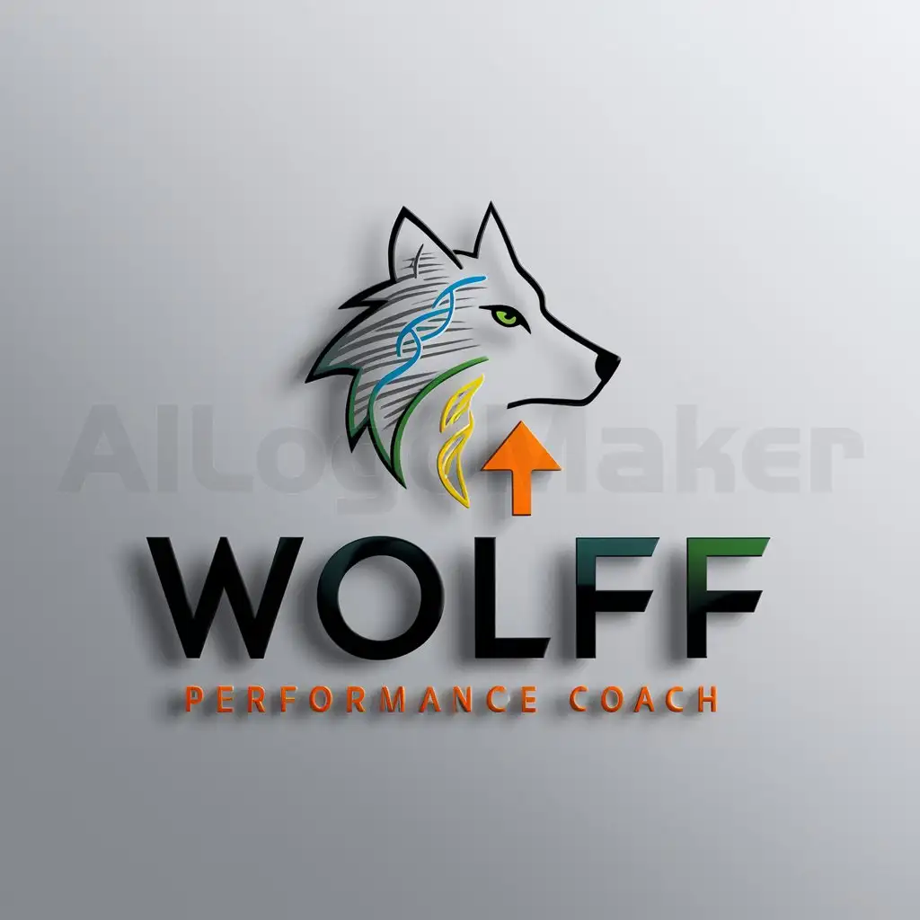 a logo design,with the text "Wolff coaching", main symbol:Design a minimalist wolf head or silhouette. The wolf should look sleek and dynamic, embodying strength and leadership. Integrate subtle elements like a DNA strand in the wolf’s design. For example, the fur pattern or eye could incorporate a DNA strand motif. An upward arrow could be part of the wolf's body or could form the background. Alternatively, an abstract figure reaching upwards could be integrated into the design to represent personal growth and performance. Use a bold sans-serif font for 'Wolff', possibly with a slight gradient or shadow effect to make it stand out. Use a lighter sans-serif font for 'Performance Coach' to complement 'Wolff', ensuring readability and a modern look. Wolf Icon: Primarily in blue with green accents (e.g., in the DNA strand or leaf). Arrow/Figure: In orange or yellow to represent energy and positivity. Text: 'Wolff' in a dark blue or black for prominence, with 'Performance Coach' in a lighter shade of blue or green for a cohesive look.,Moderate,clear background