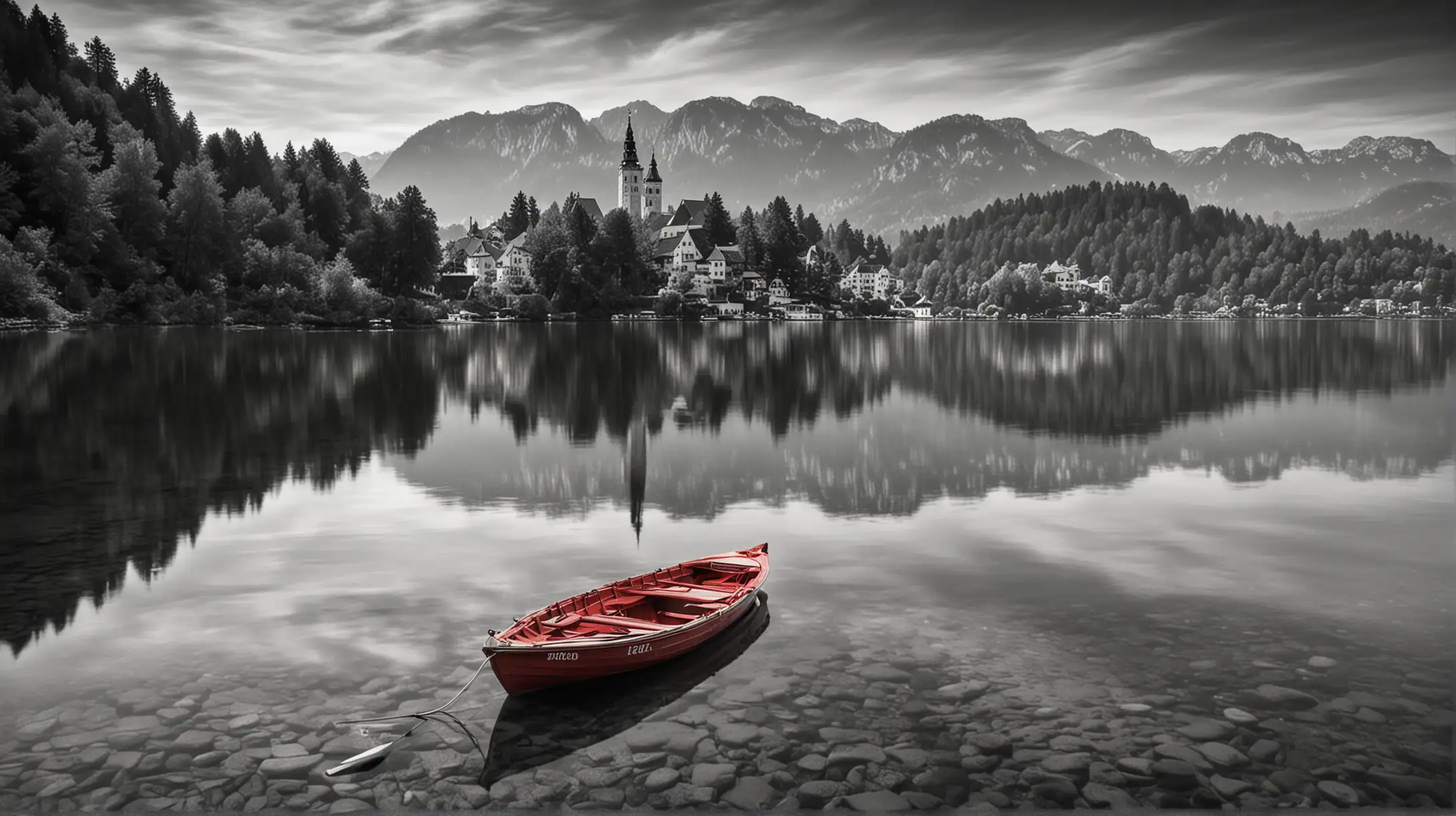 Create monochrome images of lake Bled that highlight a boat with red