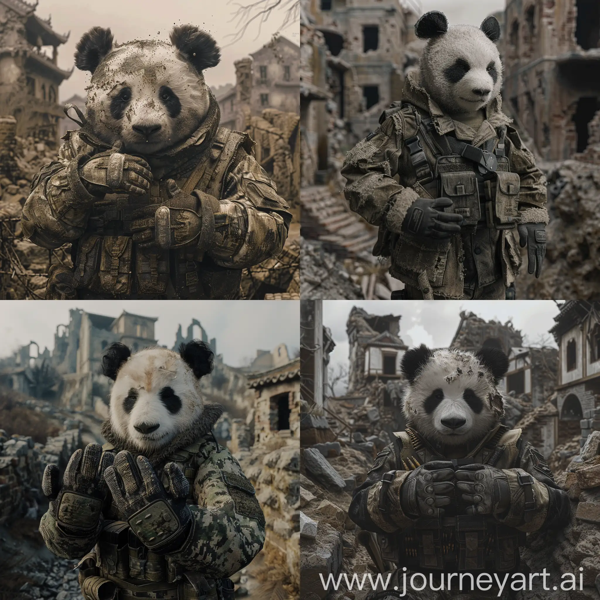panda,soldier,3d,trench,ruins,house,castle,military jacket,fingerless gloves,foreshortening,motion blur,film grain,war,