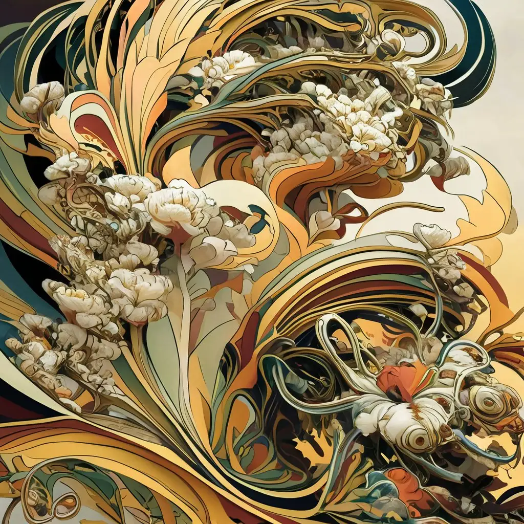 Elegant Art Nouveau Dynamic Composition with Flowing Lines and Ornate Details
