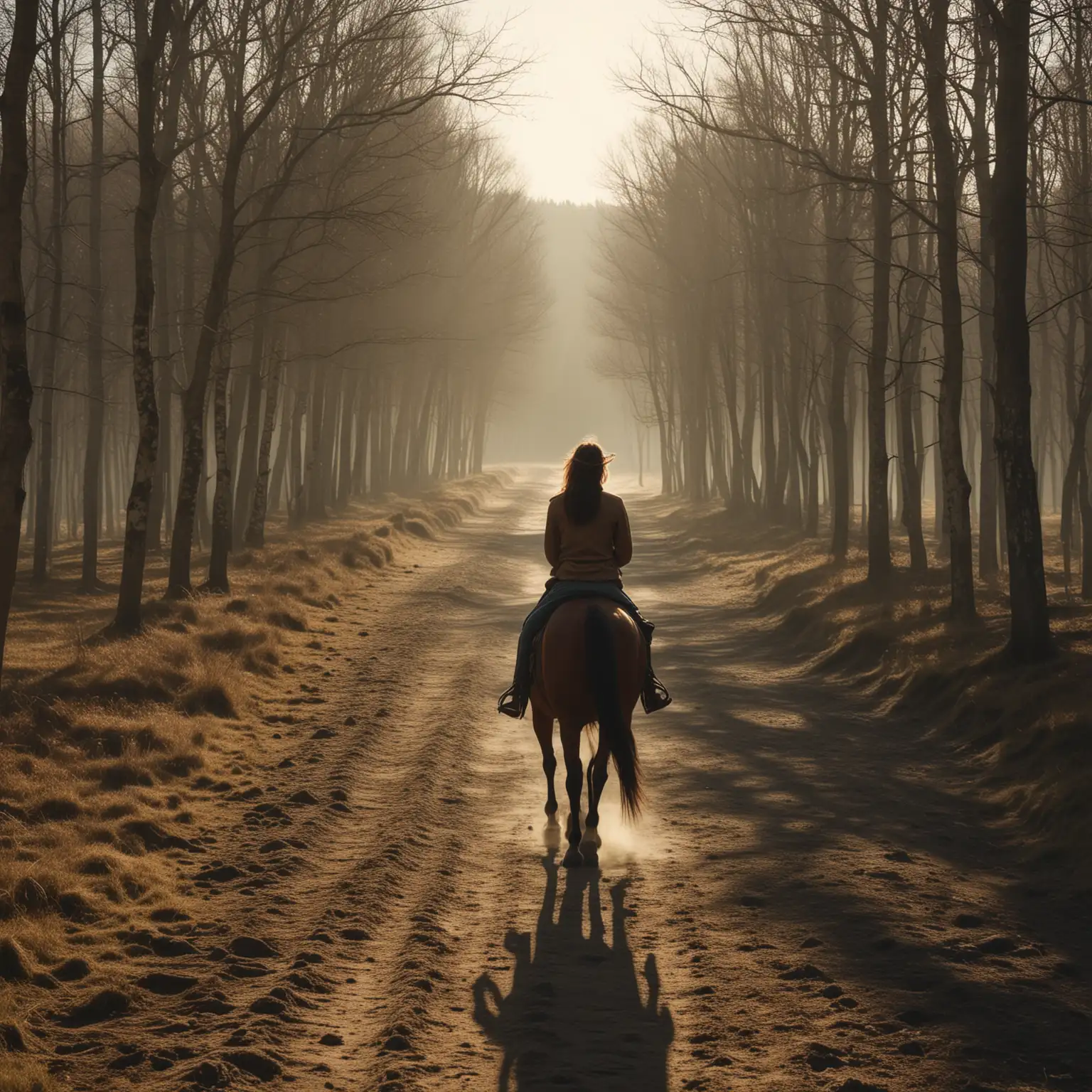Solitary Woman Riding Horse into the Sunset in Cinematic Wooded Landscape