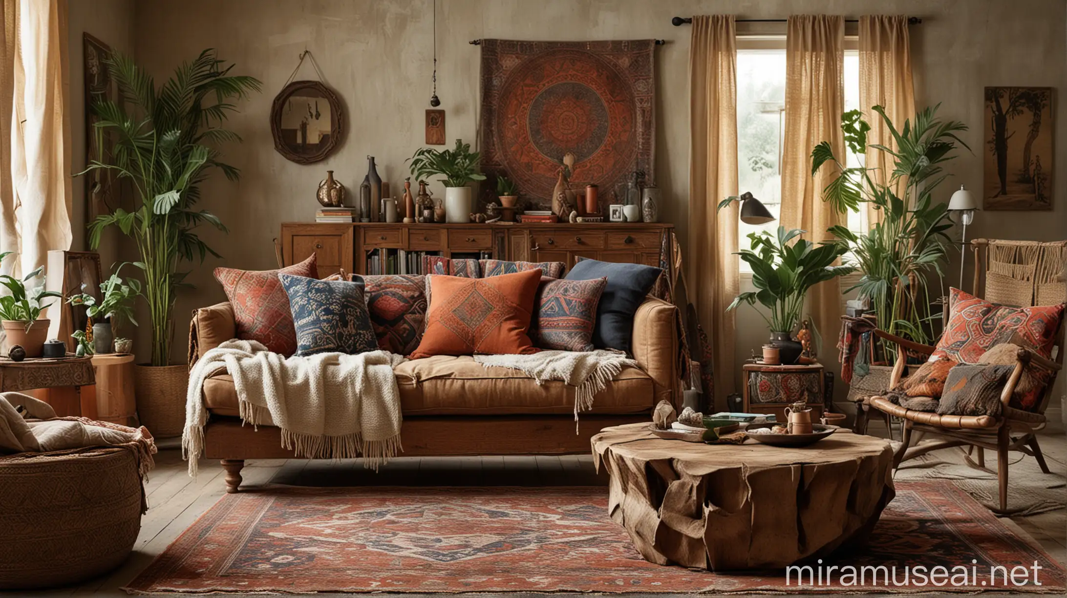 A photo capturing the bohemian and nomadic feel of the living room, emphasizing the use of natural materials and the eclectic mix of textures and patterns.