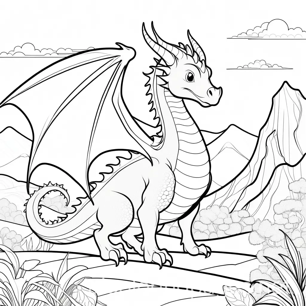 Dragon-Land-Coloring-Page-Simple-Line-Art-on-White-Background