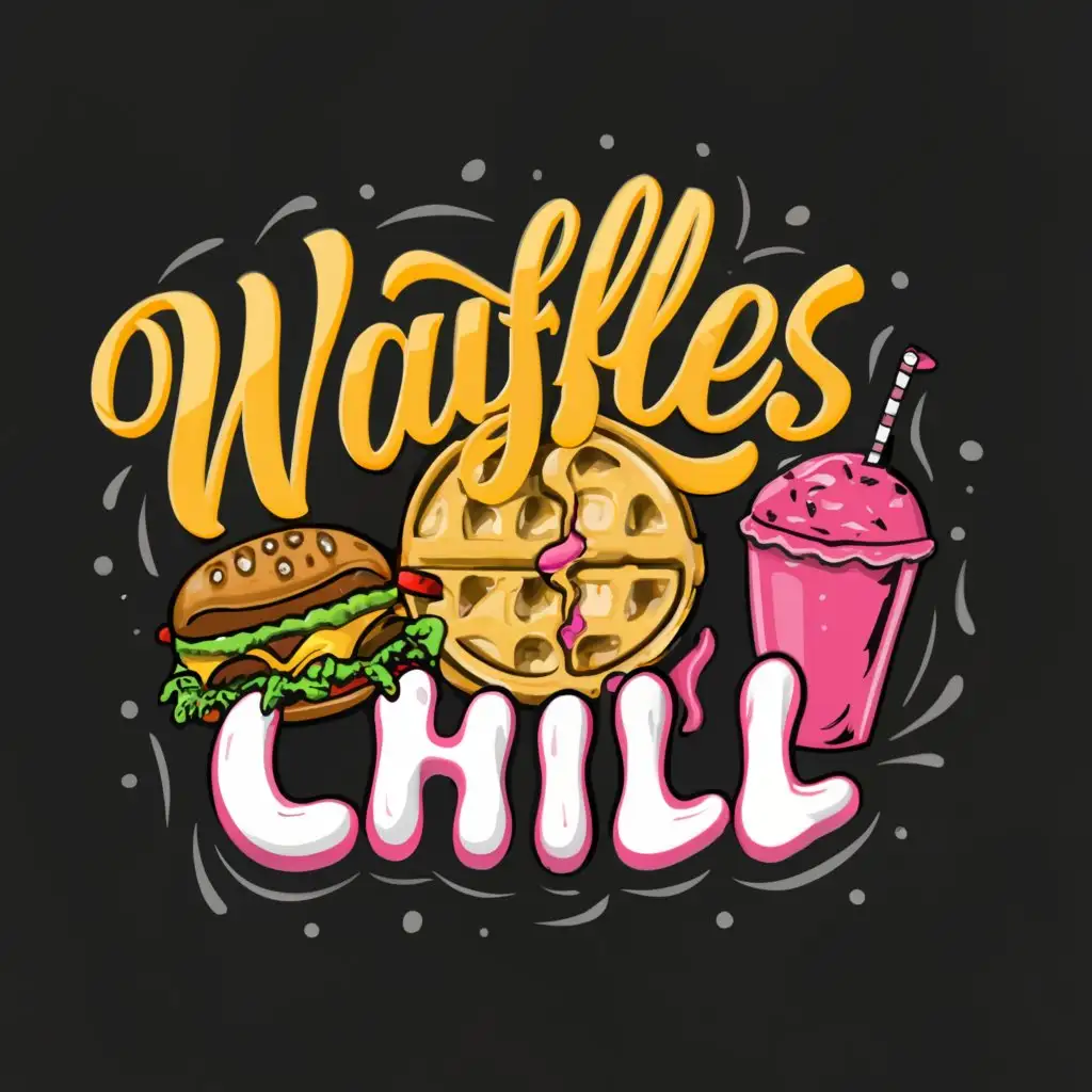 a logo design,with the text "Waffles & Chill", main symbol:waffles, cheese burger and strawberry milkshake, hip hop,   black background graffiti,Moderate,be used in Others industry,clear background