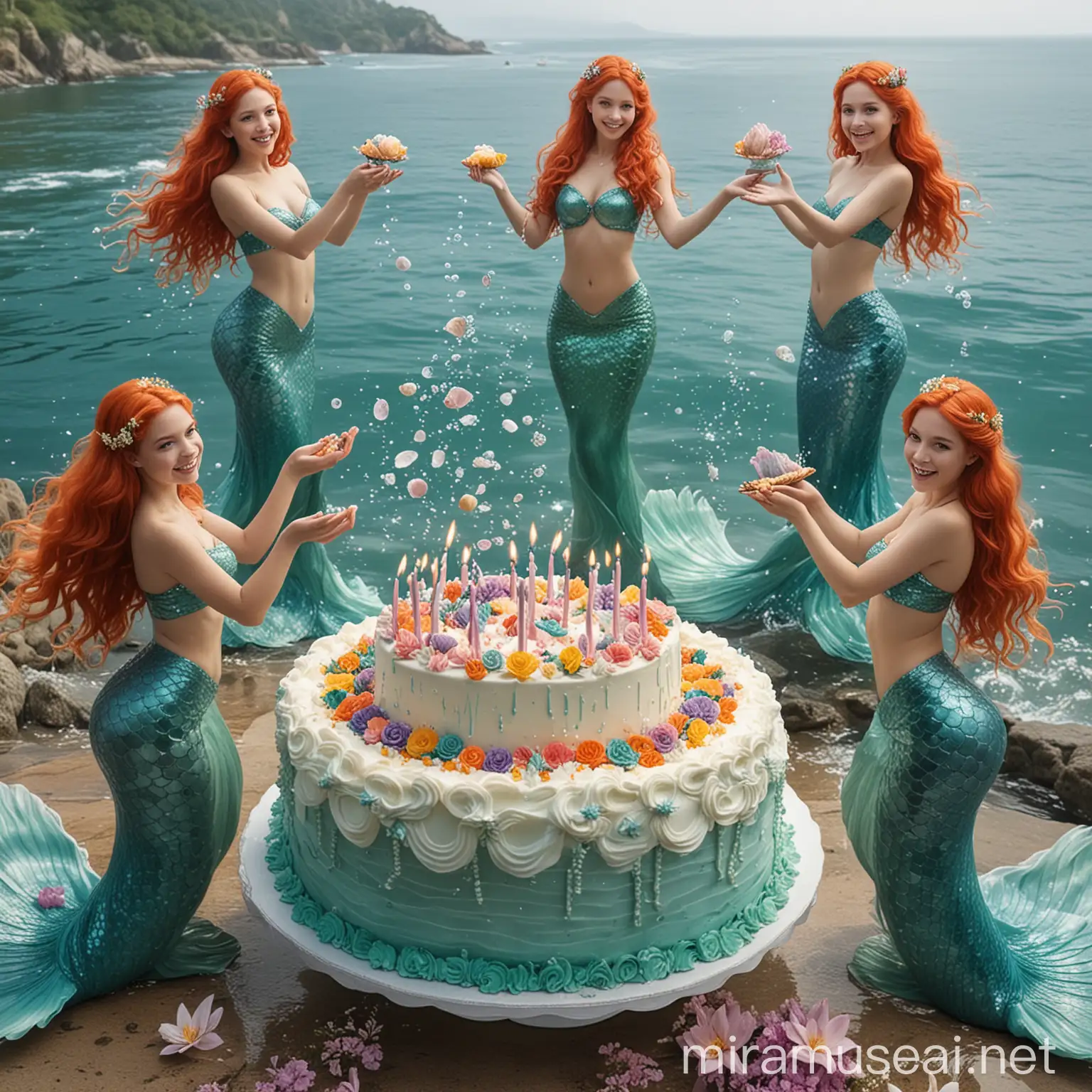 create an image where 8 mermaids dance around the main mermaid, they have a cake and bouquets in their hands, they congratulate the main mermaid on her birthday