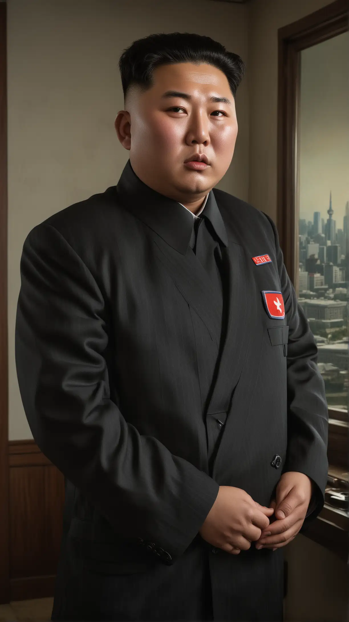 Description: Create a detailed portrait of Kim Jong Un dressed in a black suit or traditional North Korean attire. Pay close attention to his facial features, emphasizing his round face, distinctive hairstyle, and serious expression. Capture the essence of his leadership and authority through subtle details like the emblem of the Workers' Party of Korea pinned to his chest. Set the scene against a background that conveys a sense of formality and power, such as a state room with North Korean flags or a subtle view of Pyongyang cityscape through a window. Ensure the lighting enhances the seriousness and dignity of his demeanor while portraying a respectful representation of the Supreme Leader of North Korea.