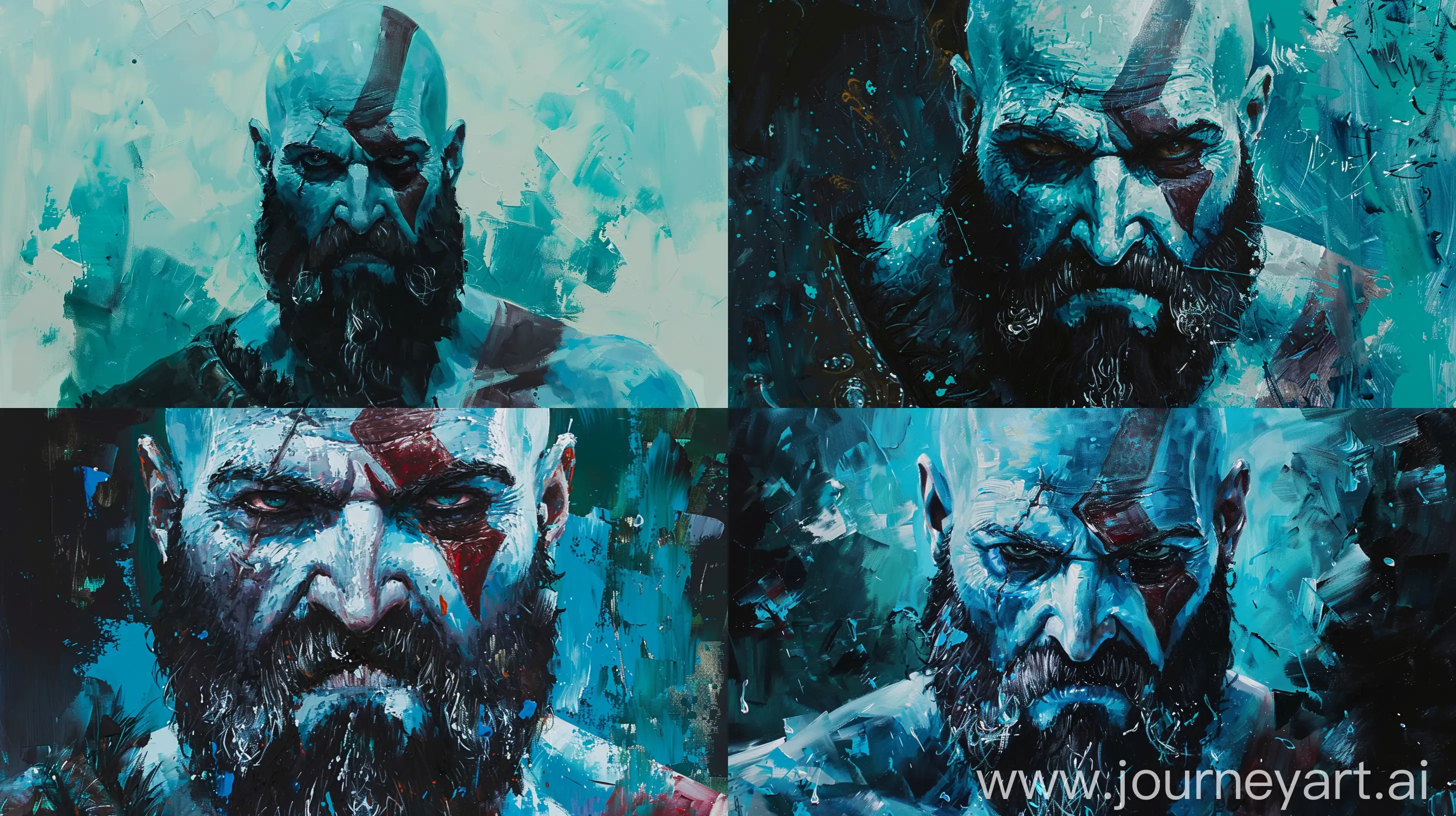 oil painting of kratos of god of war with a color palette of bright blues, cyan, blacks, white, and a soft greenish-blue. There are also touches of bright skin tone --ar 16:9
