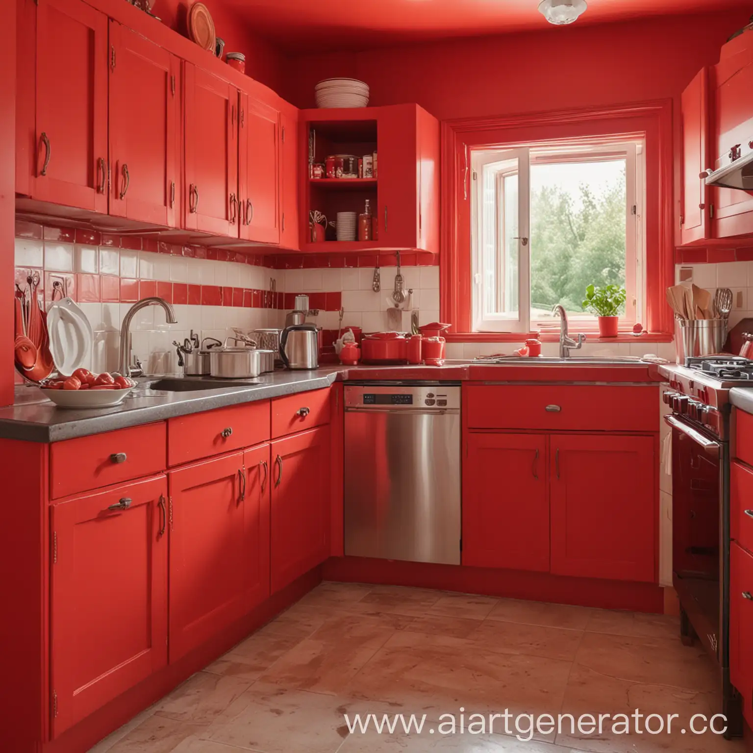 Изображение угловой кухни в ярких красных цветах, занимающее центральное место.