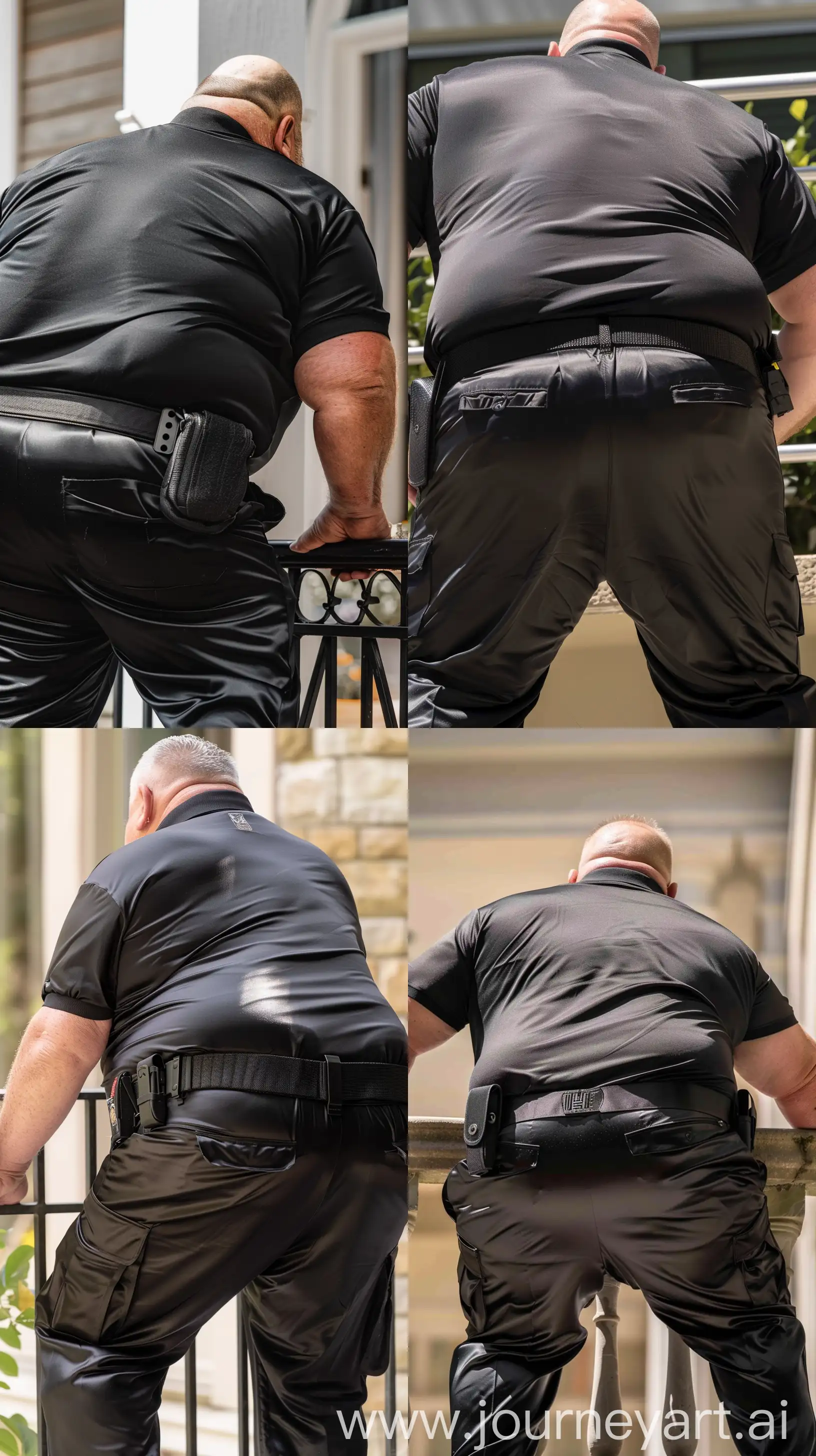 Back view photo of a fat man aged 70 wearing silk black security guard battle pants and a tucked in black silk sport polo shirt. Heavy black tactical duty belt. Bending forward over a balustrade. Outside. Natural light. --style raw --ar 9:16