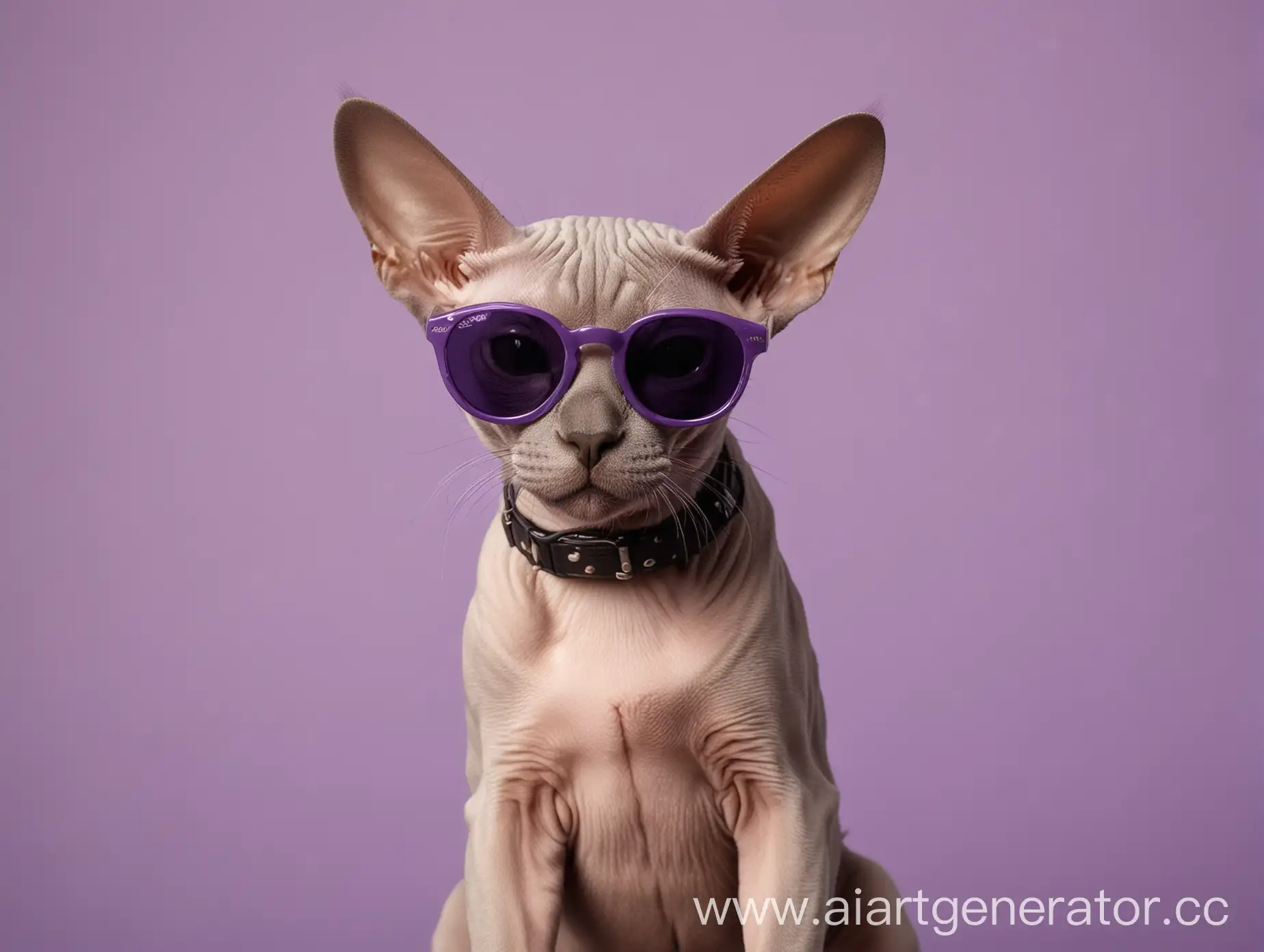 кот сфинкс в солнцезащитных очках,  передними лапами ловит, на лавандовом фоне 
