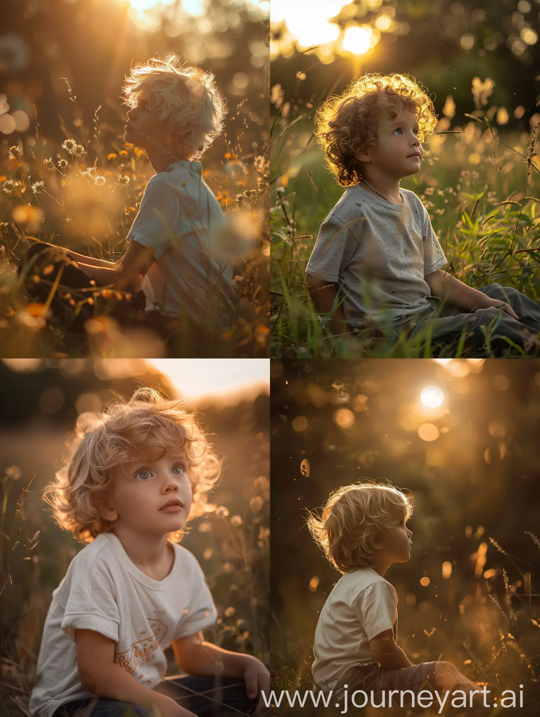 A very accurate and realistic photo of a young boy, with curly blonde hair, blue eyes::3.5, wearing a white T-shirt and black pants, captured by a DSLR camera from a very distant angle, back view::5, sitting on the ground, looking at the sunset with his doll, on a grassy field, at sunset, with soft bokeh, warm golden light, energetic atmosphere, detailed facial expressions::4.5, taken with a DSLR camera, 200mm lens, photographed by Steve McCurry, from a very distant angle, with natural skin texture, vivid colors, captivating composition, joyful mood, realistic photography, high resolution, 16K quality, high precision, 3:4 aspect ratio, V6.