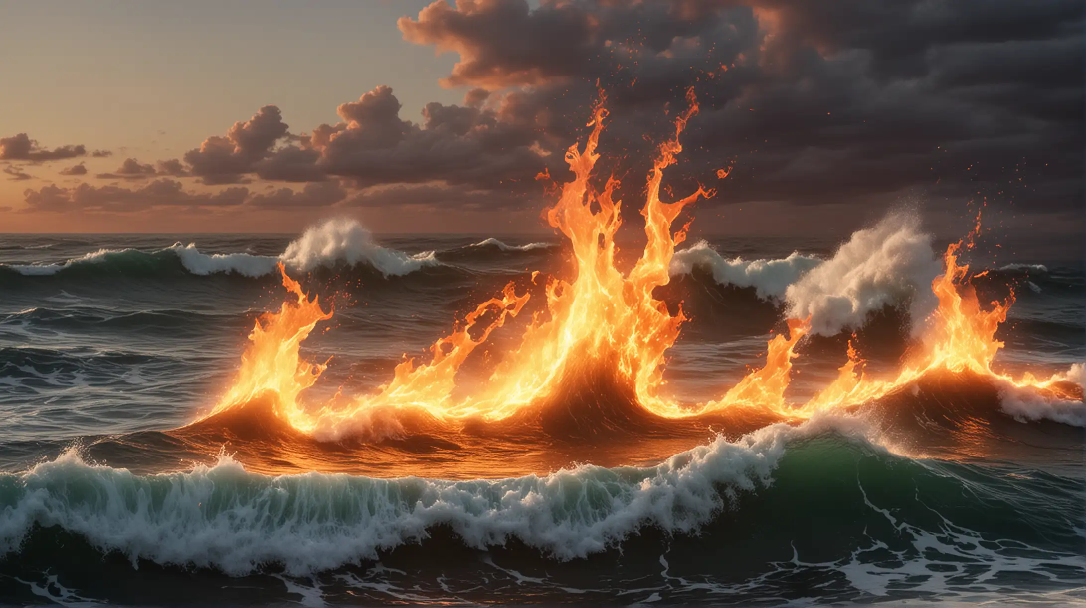 create an image that shows an ocean with waves with fire 
