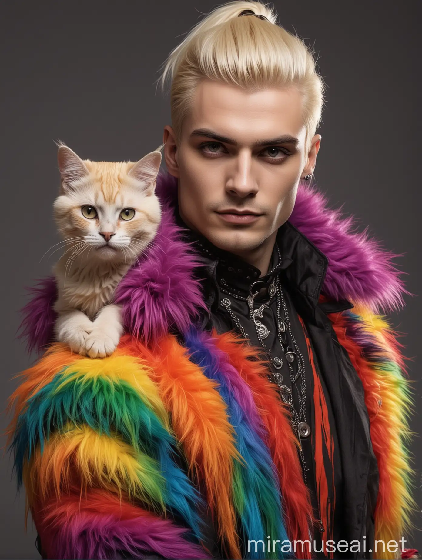 Create a gothic looking man with blond hair  in a thin ponytail, waring fake furr in rainbow colours as a kinky outfit, having a pet cat on the shoulder