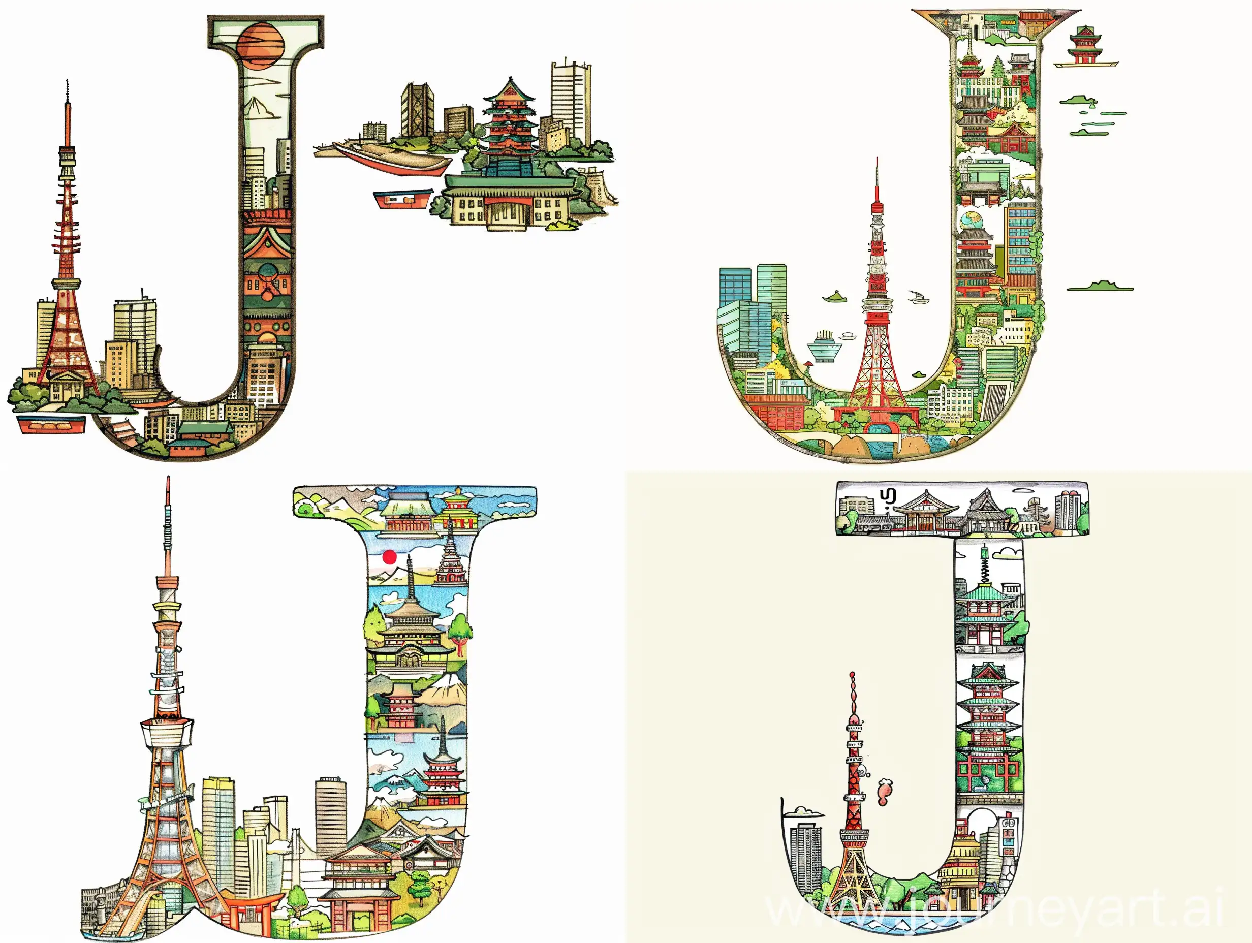 Нарисуй большую букву J состоящую из достопримечательностей Японии. Задний фон не нужен